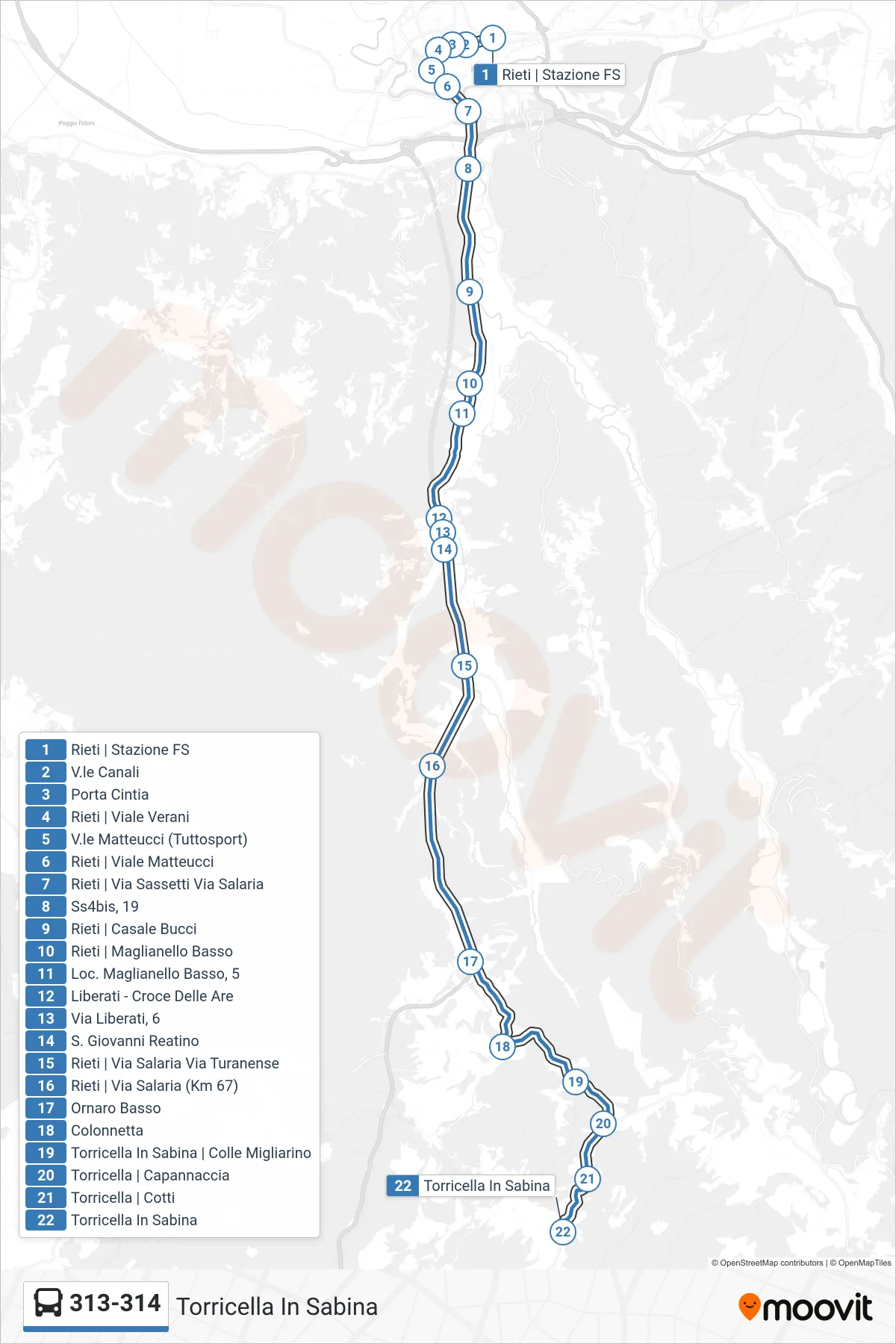 Linea 313-314 bus (Torricella In Sabina) - Percorsi e fermate sulla mappa
