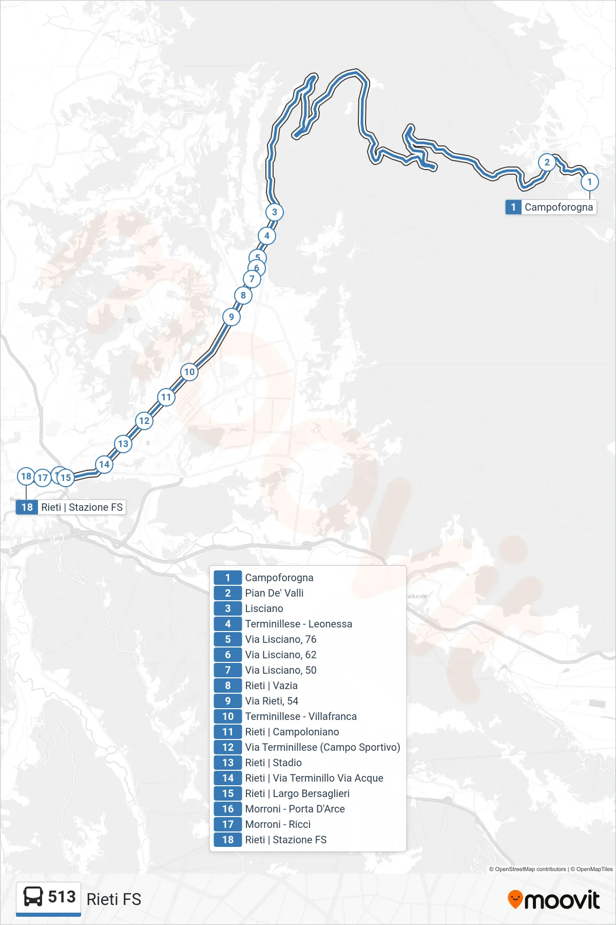 Linea 513 bus (Rieti FS) - Percorsi e fermate sulla mappa