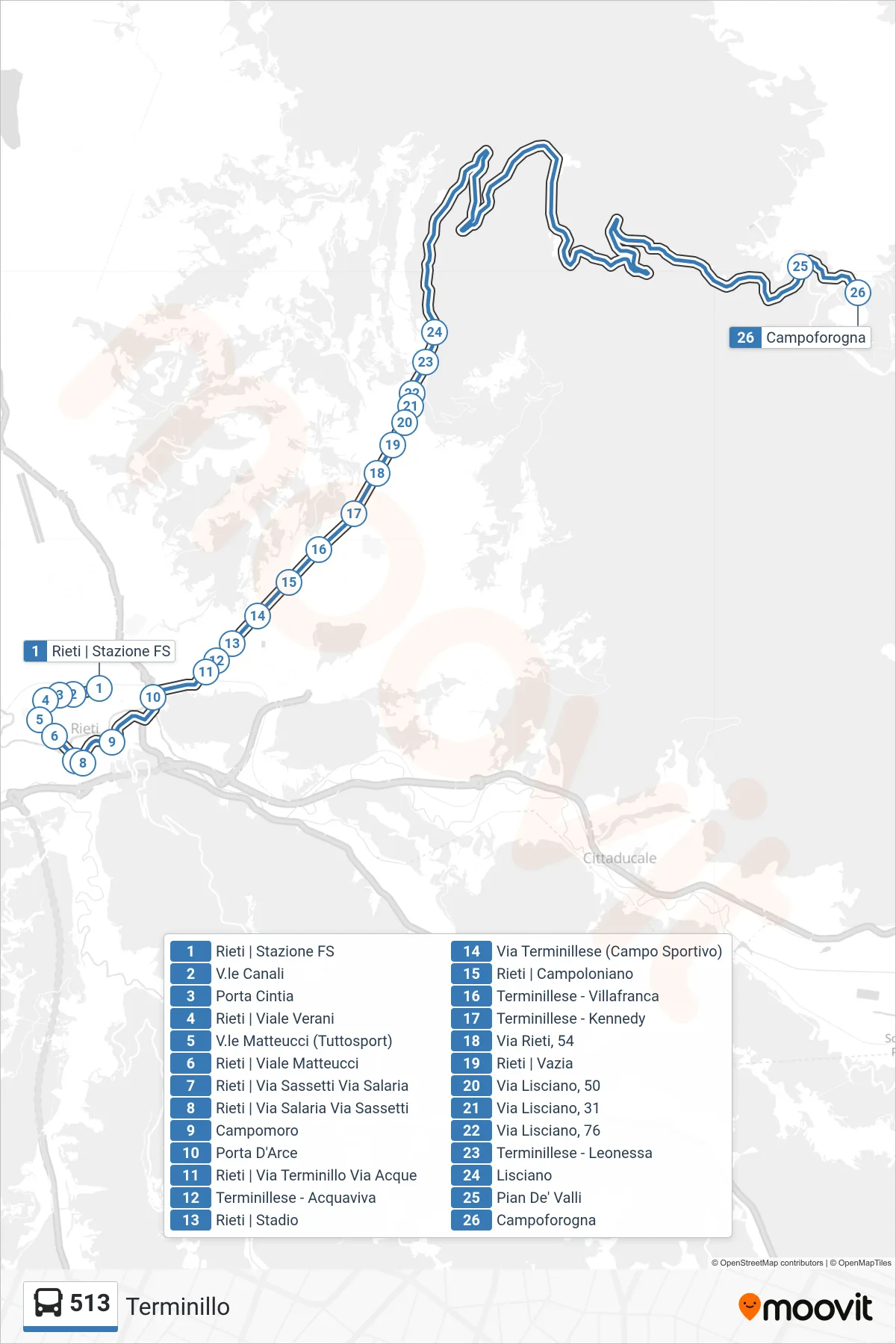 Linea 513 bus (Terminillo) - Percorsi e fermate sulla mappa