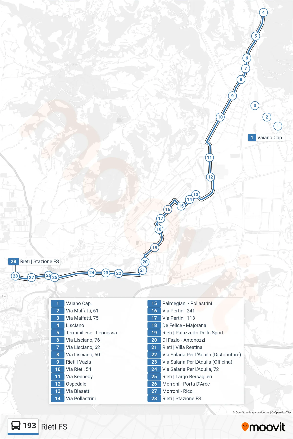 Linea 193 bus (Rieti FS) - Percorsi e fermate sulla mappa