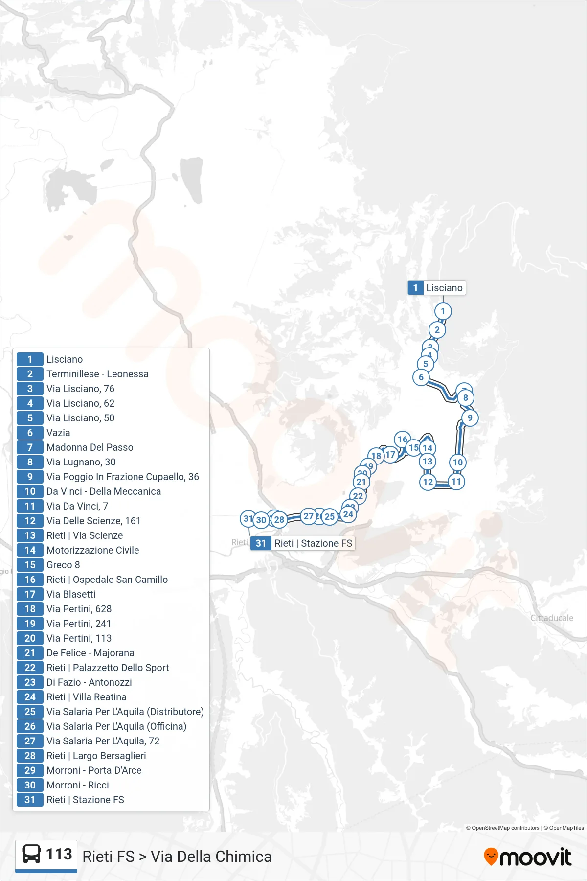 Linea 113 bus (Rieti FS > Via Della Chimica) - Percorsi e fermate sulla mappa