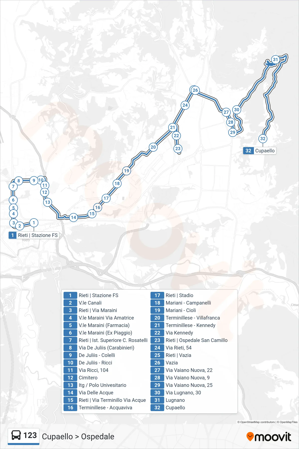 Linea 123 bus (Cupaello > Ospedale) - Percorsi e fermate sulla mappa