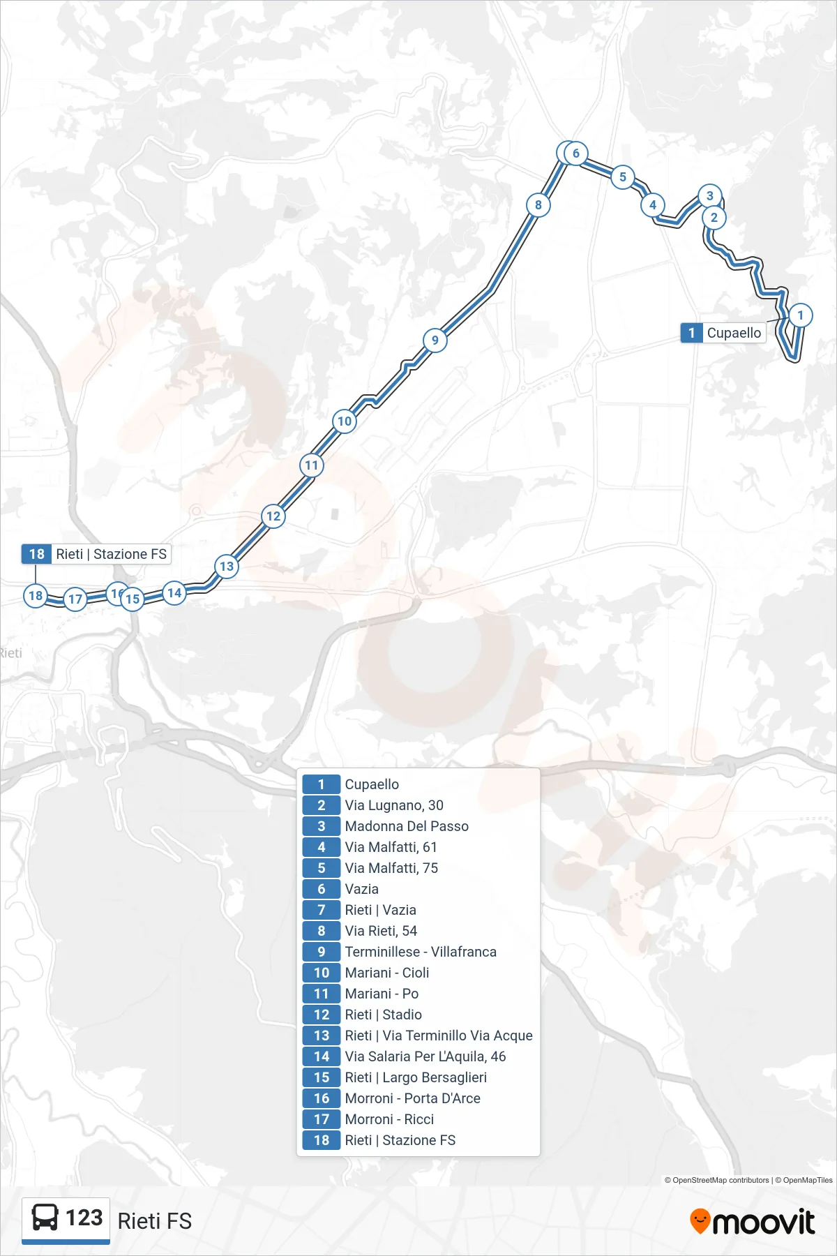 Linea 123 bus (Rieti FS) - Percorsi e fermate sulla mappa