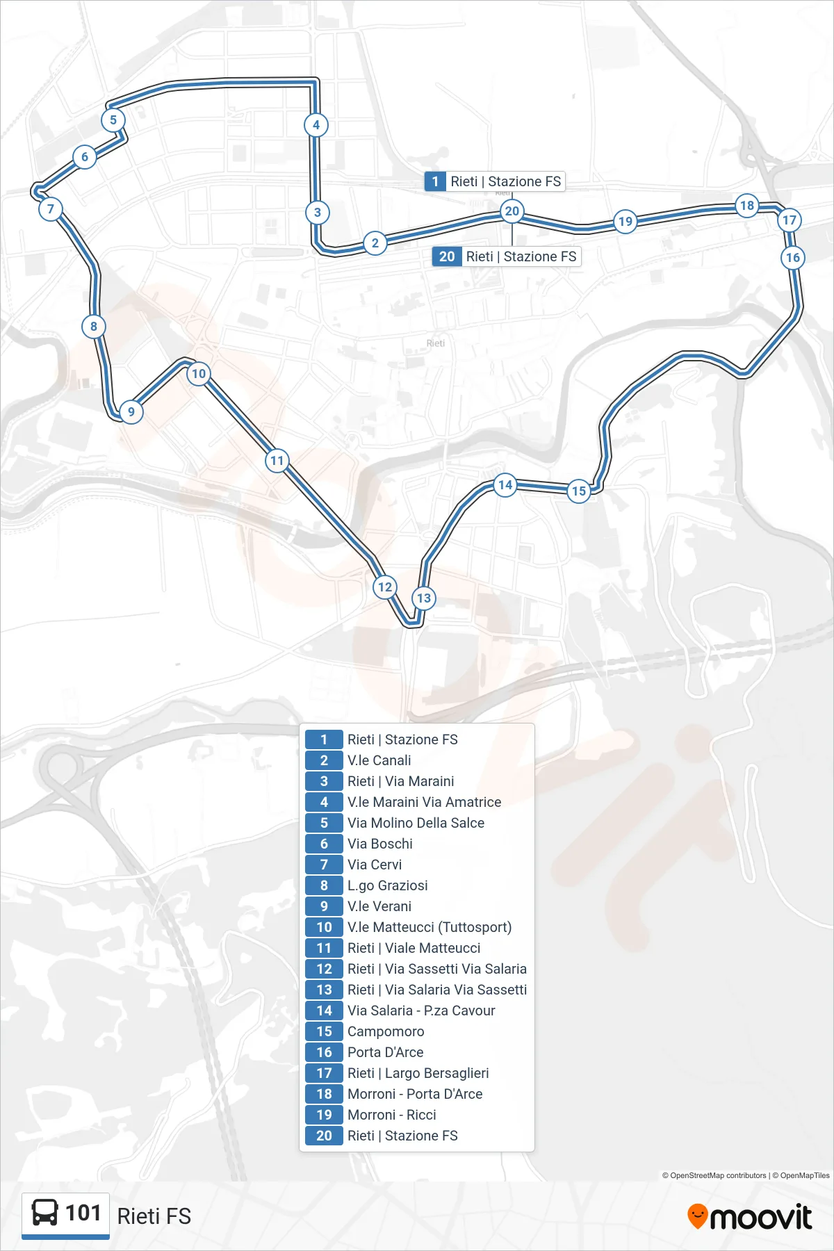 Linea 101 bus (Rieti FS) - Percorsi e fermate sulla mappa