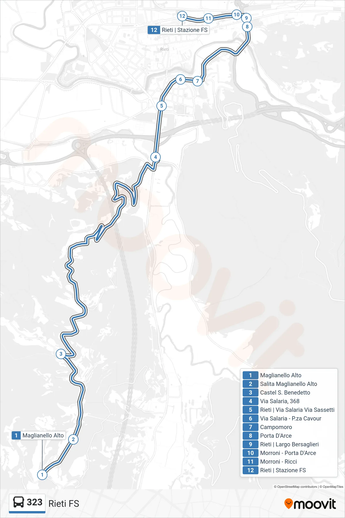 Linea 323  bus (Rieti FS) - Percorsi e fermate sulla mappa