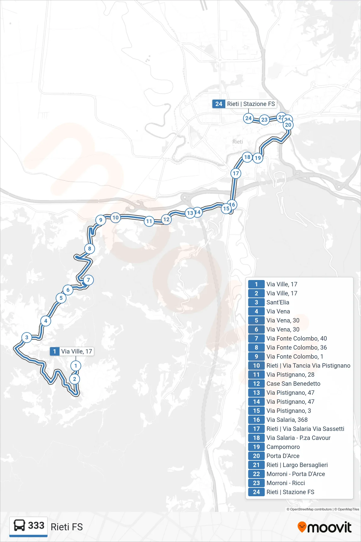 Linea 333 bus (Rieti FS) - Percorsi e fermate sulla mappa