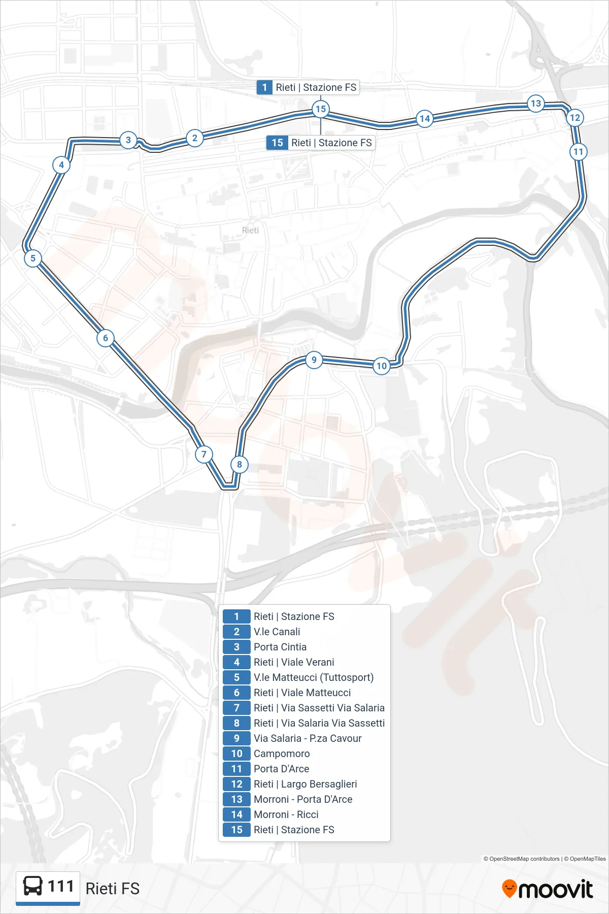 Linea 111  bus (Rieti FS) - Percorsi e fermate sulla mappa