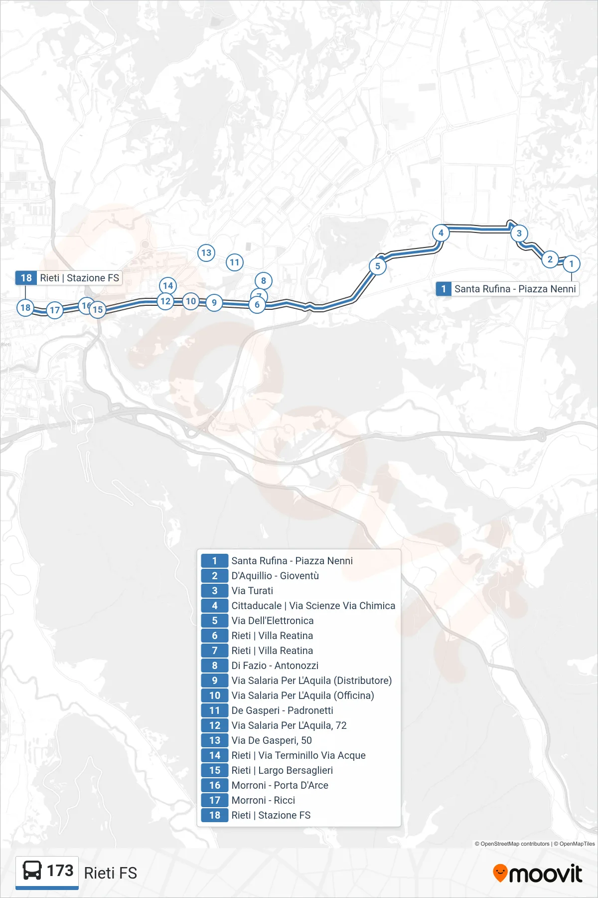 Linea 173  bus (Rieti FS) - Percorsi e fermate sulla mappa