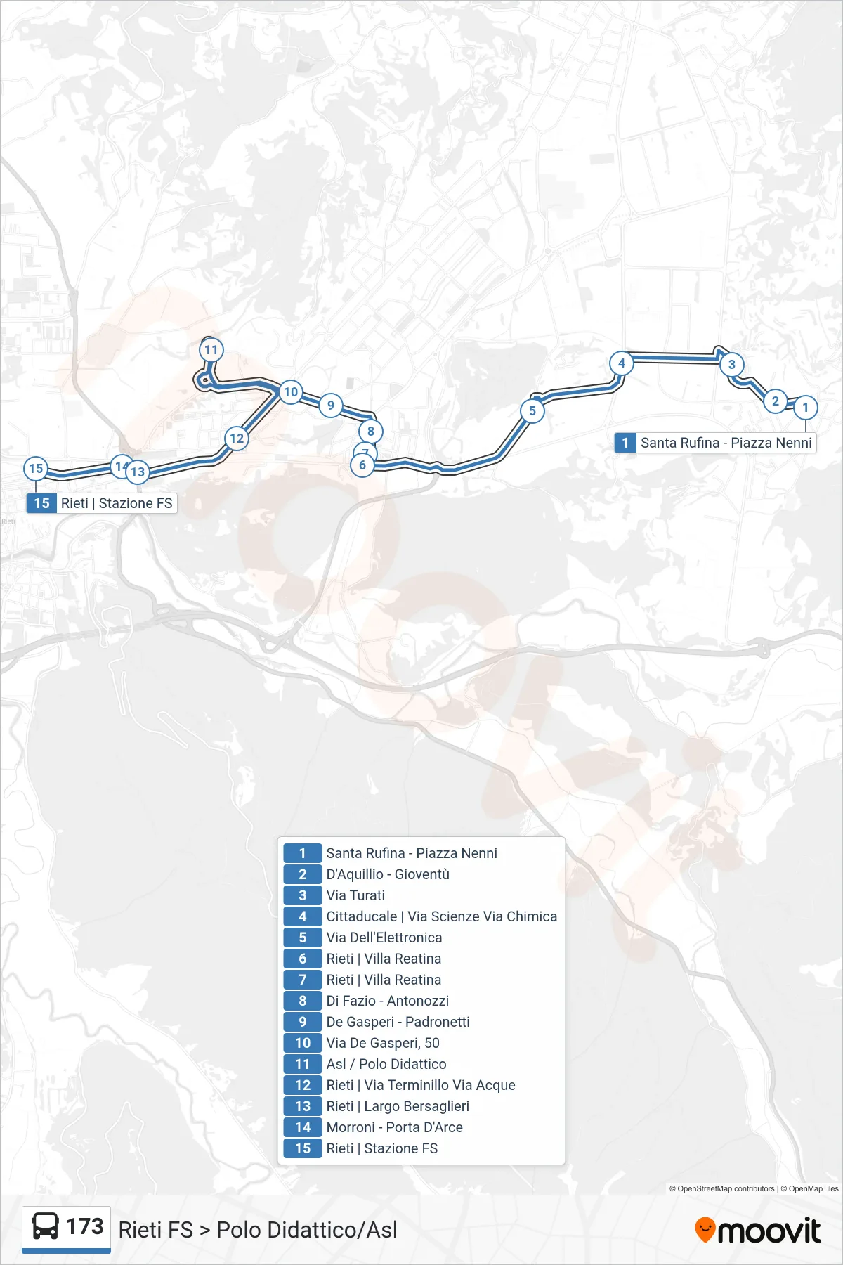 Linea 173 bus (Rieti FS > Polo Didattico/Asl) - Percorsi e fermate sulla mappa