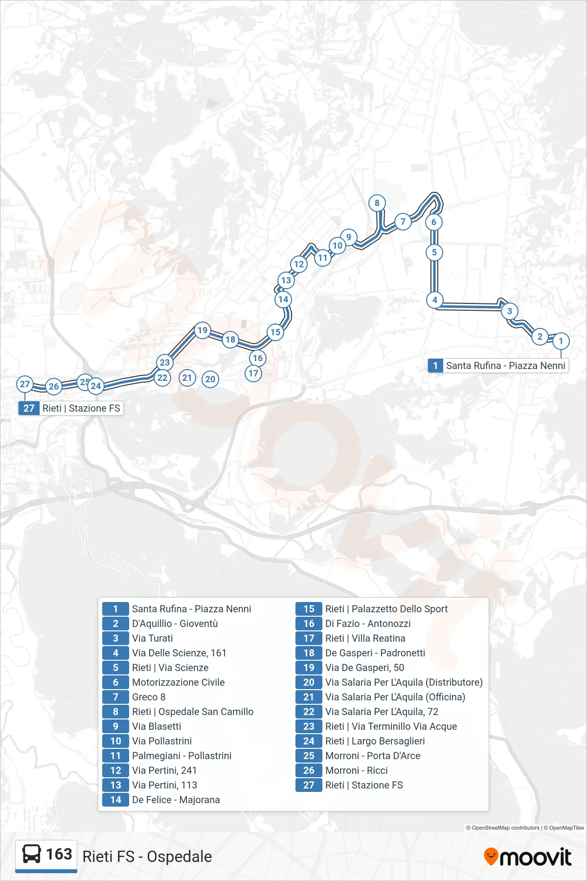 Linea 163  bus (Rieti FS) - Percorsi e fermate sulla mappa