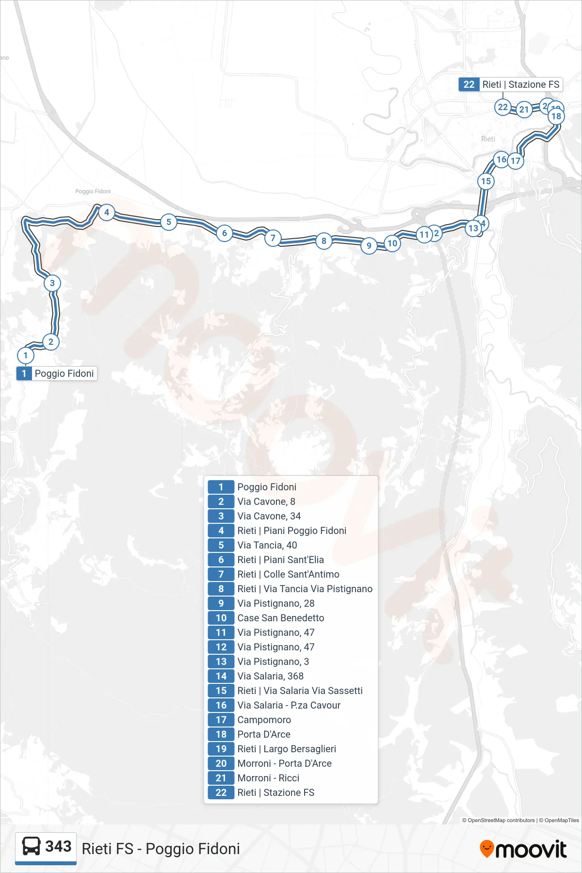 Linea 343 bus (Rieti FS) - Percorsi e fermate sulla mappa