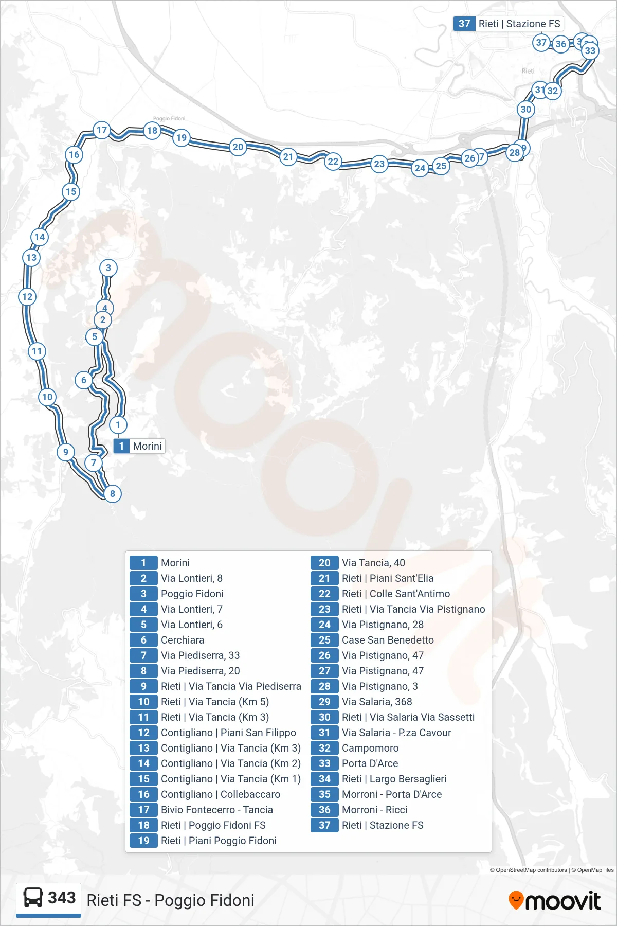 Linea 343 bus (Rieti FS > Piè Di Serre) - Percorsi e fermate sulla mappa