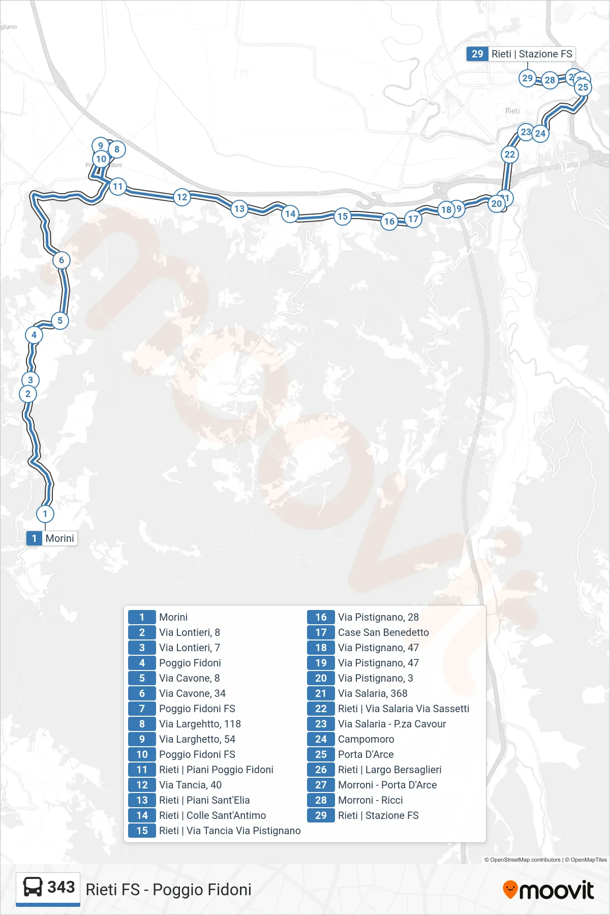 Linea 343 bus (Rieti FS > Larghetto) - Percorsi e fermate sulla mappa