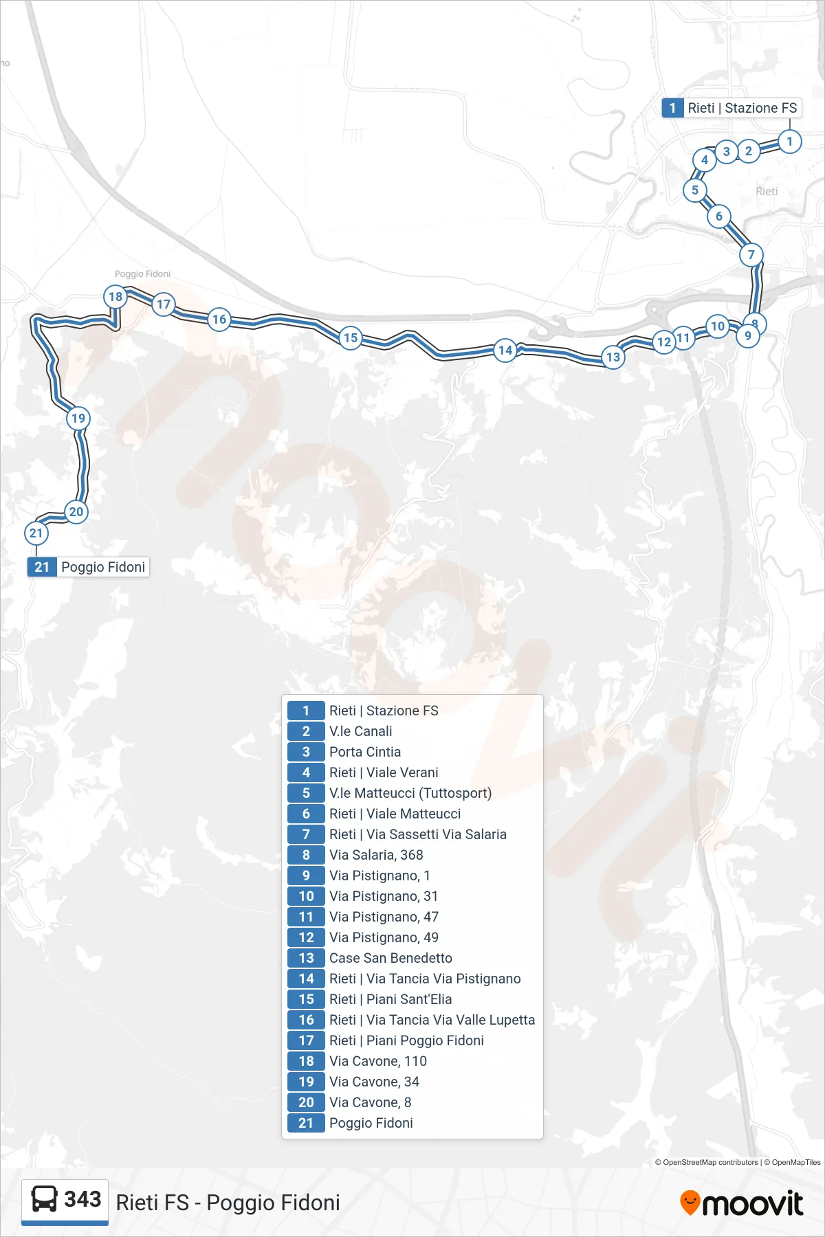 Linea 343 bus (Poggio Fidoni) - Percorsi e fermate sulla mappa