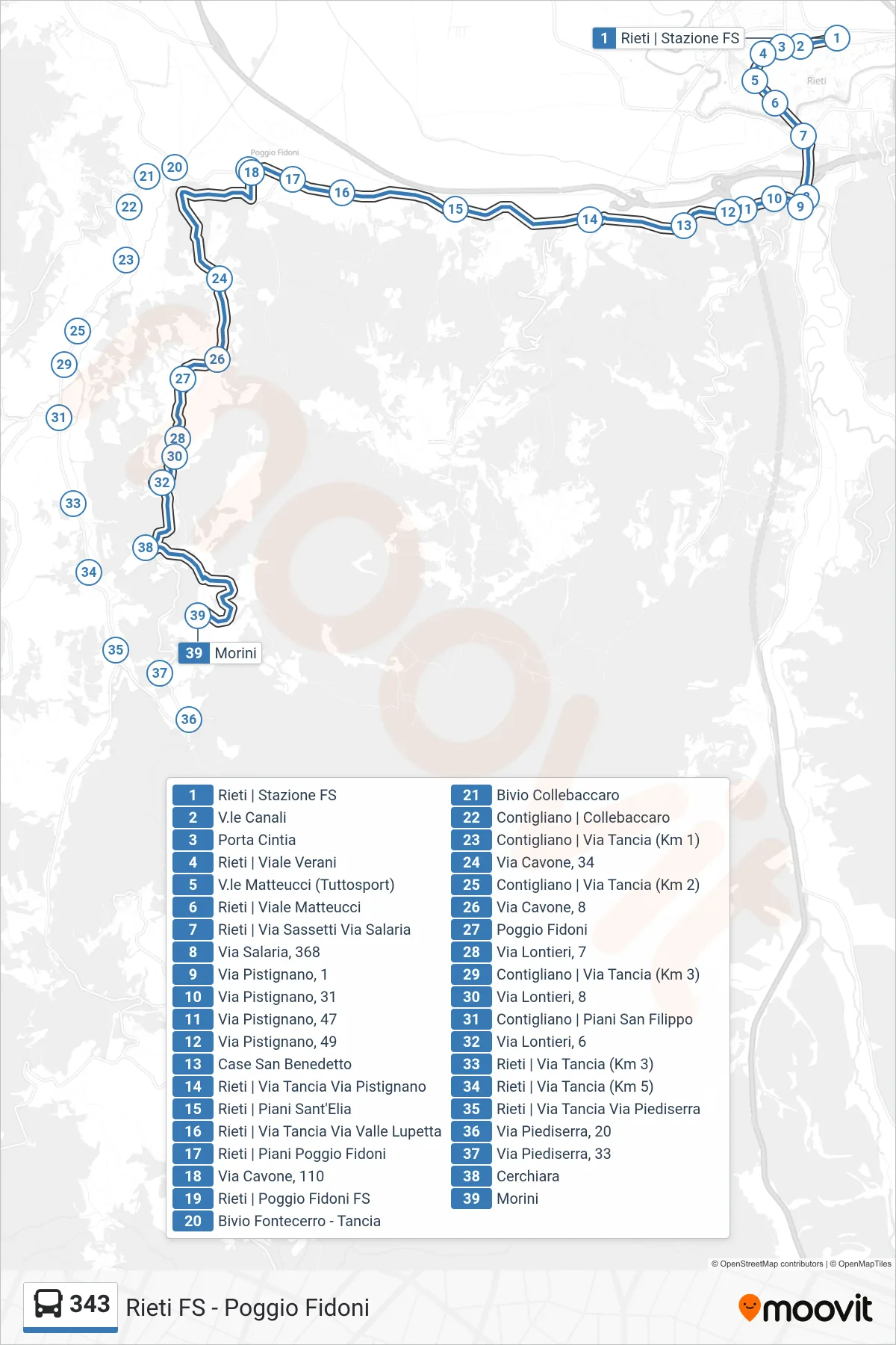 343 bus Line (Morini) route and stops on a map