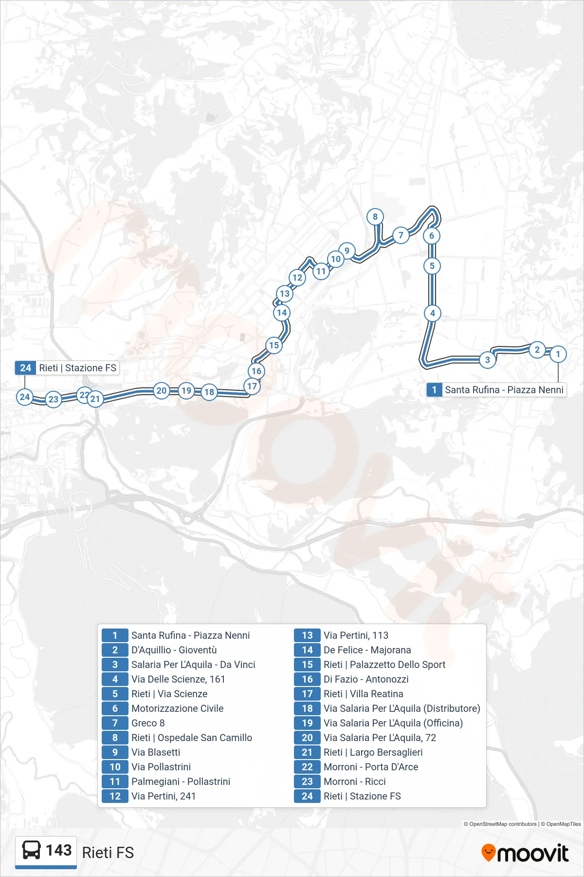 Linea 143 bus (Rieti FS) - Percorsi e fermate sulla mappa