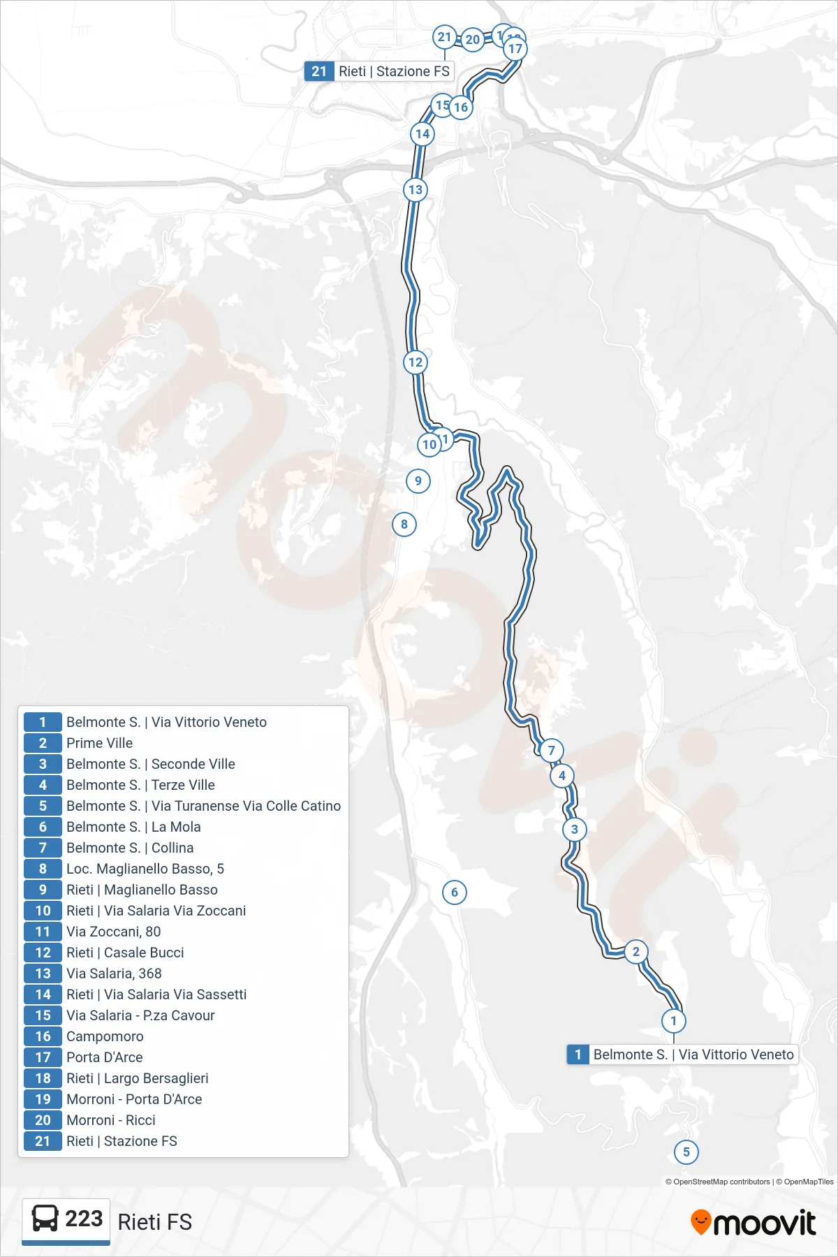Linea 223 bus (Rieti FS) - Percorsi e fermate sulla mappa