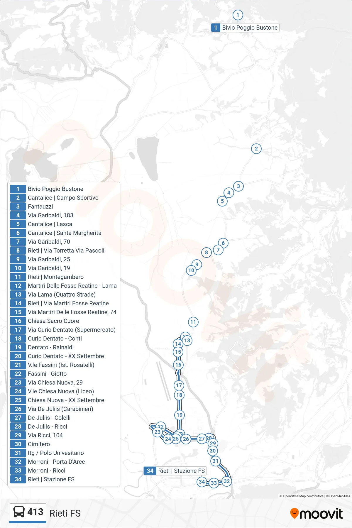 Linea 413 bus (Rieti FS) - Percorsi e fermate sulla mappa