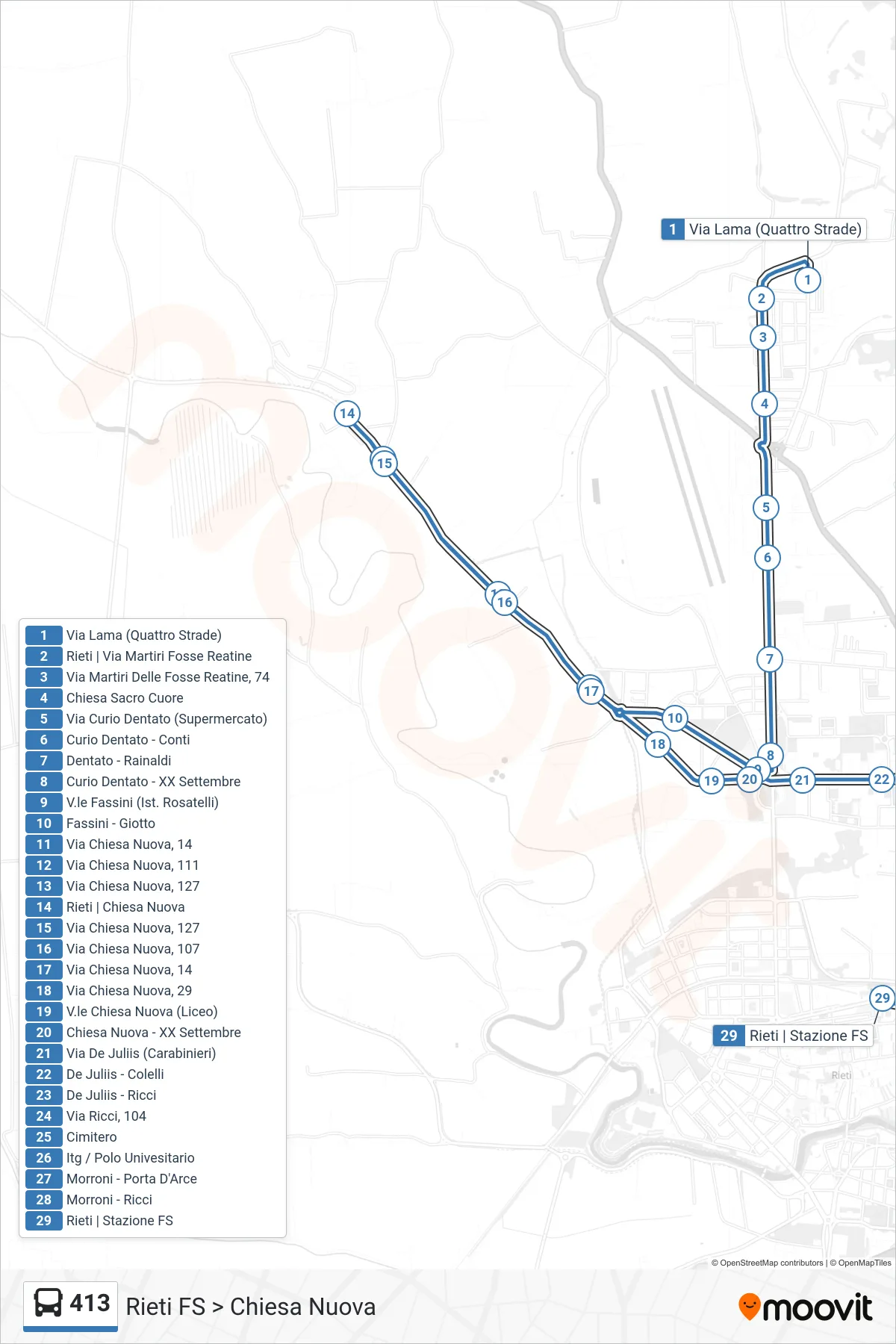 Linea 413  bus (Rieti FS > Chiesa Nuova) - Percorsi e fermate sulla mappa