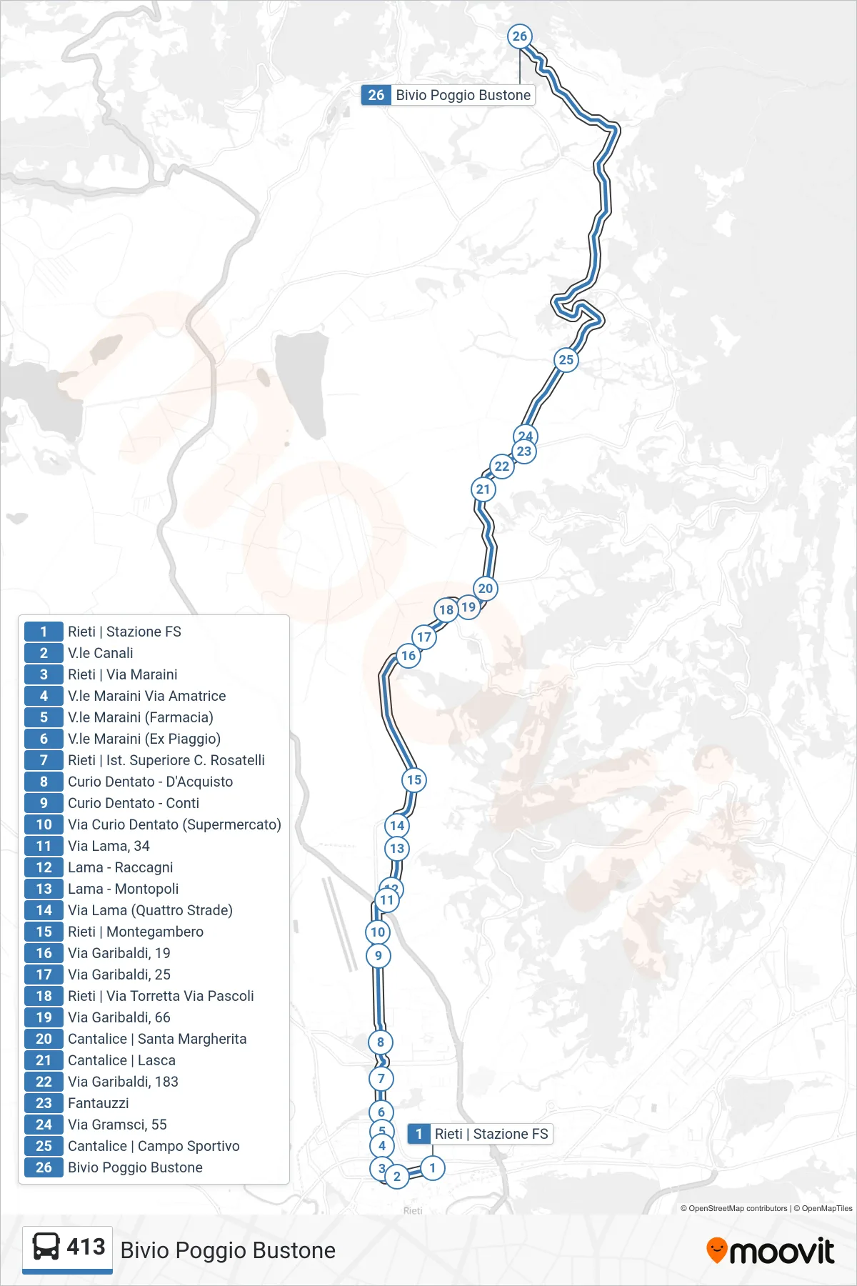Linea 413 bus (Bivio Poggio Bustone) - Percorsi e fermate sulla mappa