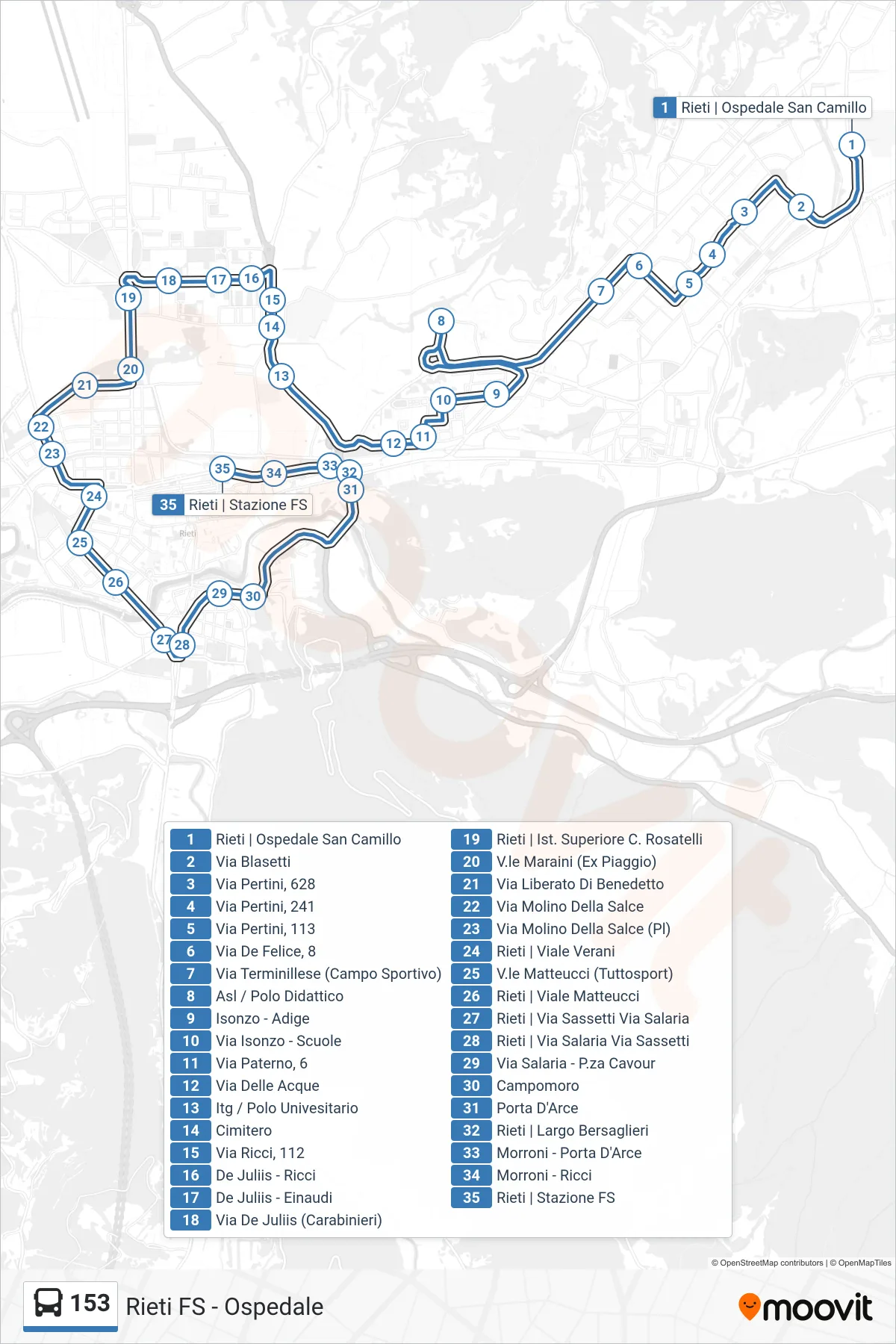 Linea 153 bus (Rieti FS > Polo Didattico/Asl) - Percorsi e fermate sulla mappa
