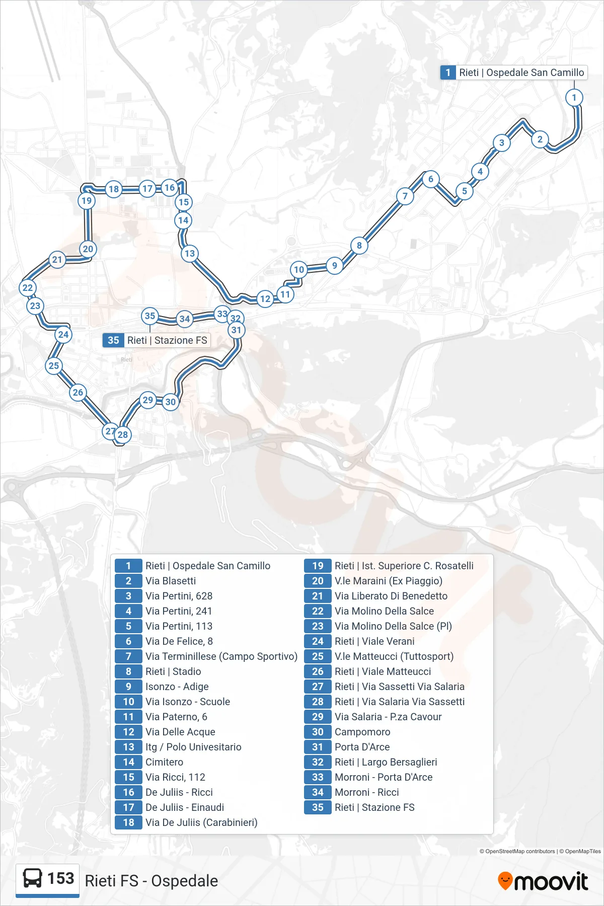 Linea 153 bus (Rieti FS) - Percorsi e fermate sulla mappa