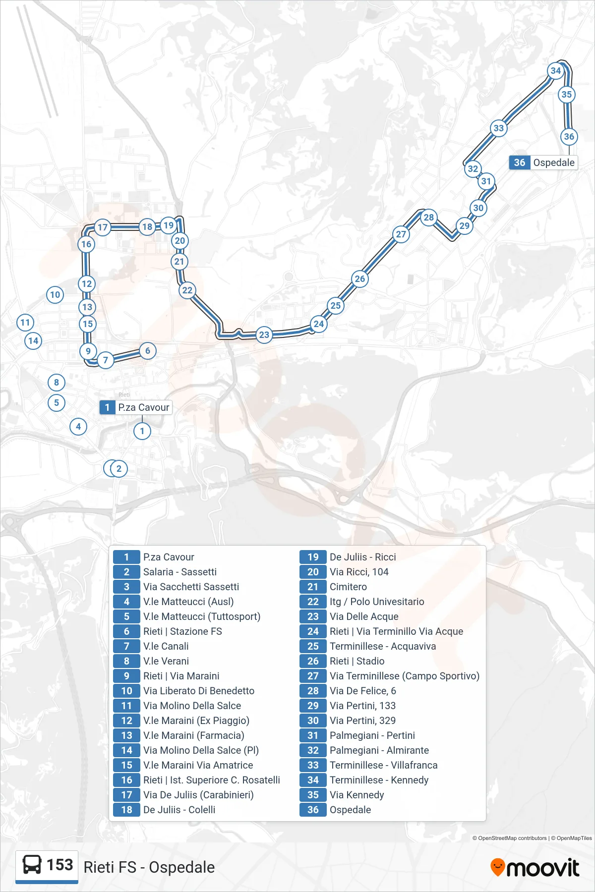 Linea 153 bus (Ospedale) - Percorsi e fermate sulla mappa