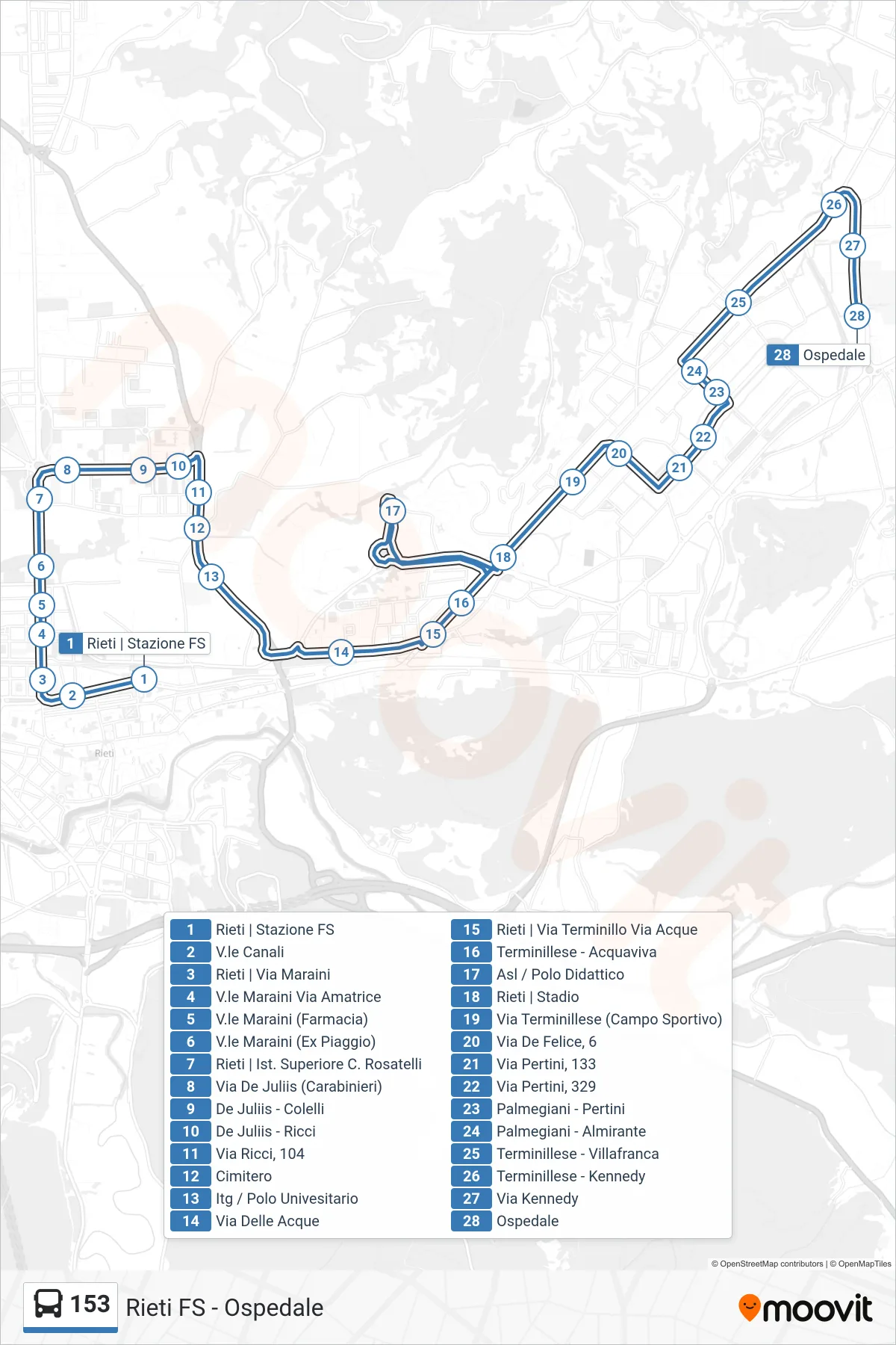 153 bus Line (Hospital to Educational Center/ASL) route and stops on a map
