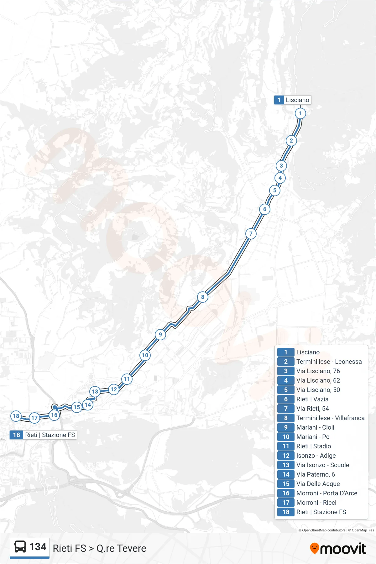 Linea 134 bus (Rieti FS > Q.re Tevere) - Percorsi e fermate sulla mappa
