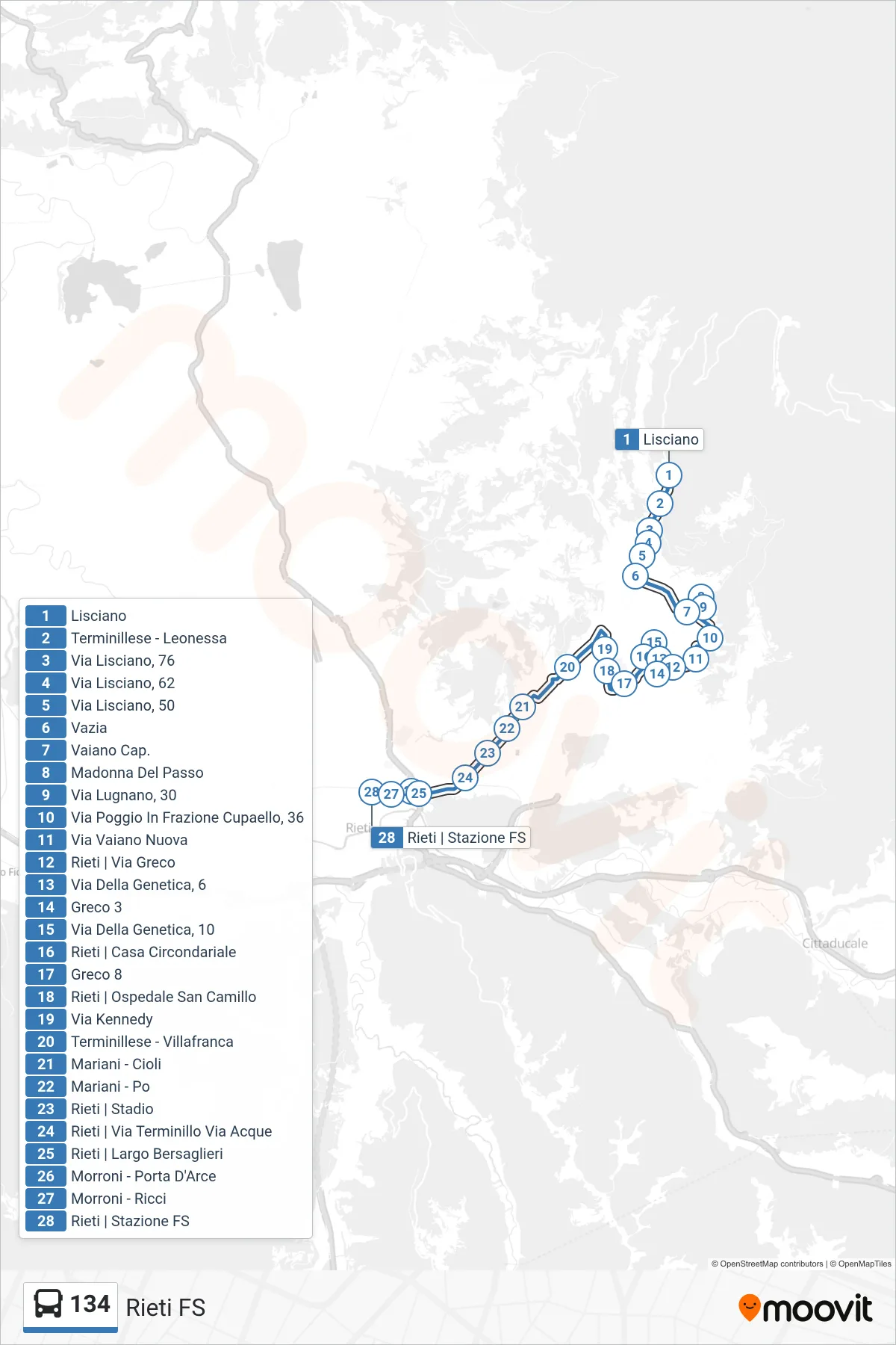 Linea 134 bus (Rieti FS) - Percorsi e fermate sulla mappa