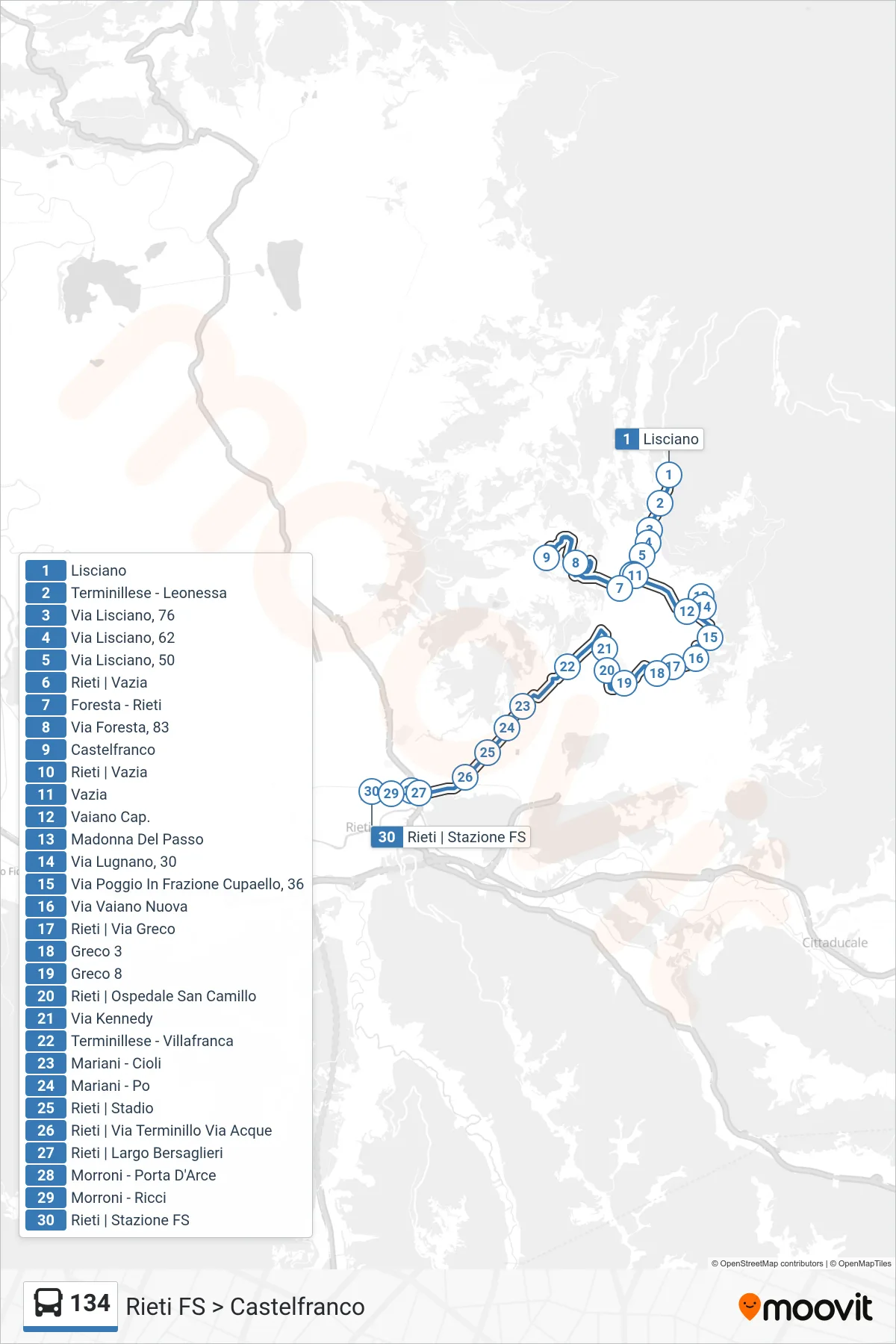 Linea 134 bus (Rieti FS > Castelfranco) - Percorsi e fermate sulla mappa