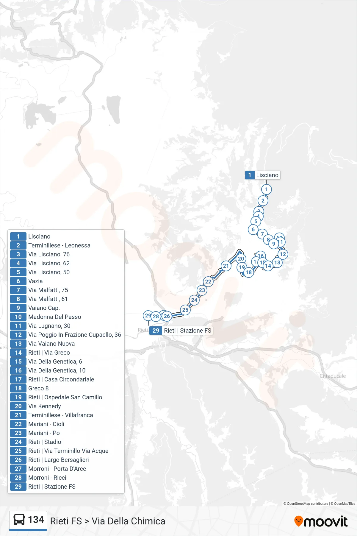Linea 134  bus (Rieti FS > Via Della Chimica) - Percorsi e fermate sulla mappa