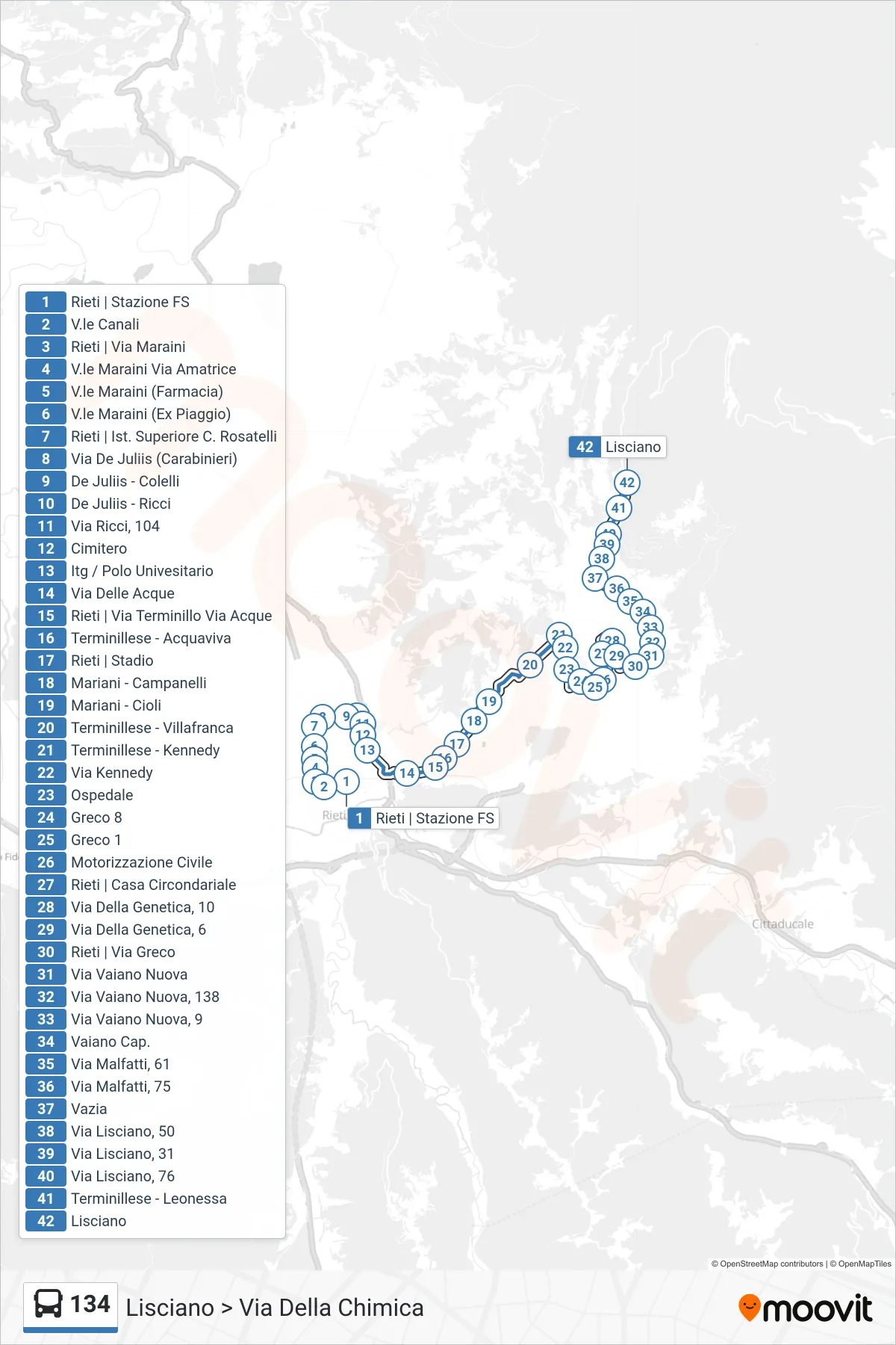 Linea 134  bus (Lisciano > Via Della Chimica) - Percorsi e fermate sulla mappa