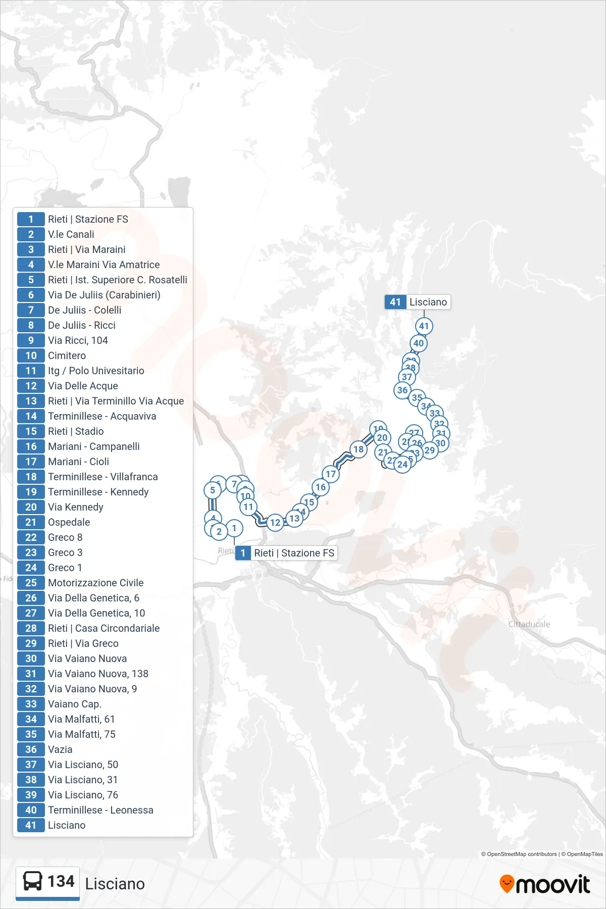 Linea 134 bus (Lisciano) - Percorsi e fermate sulla mappa