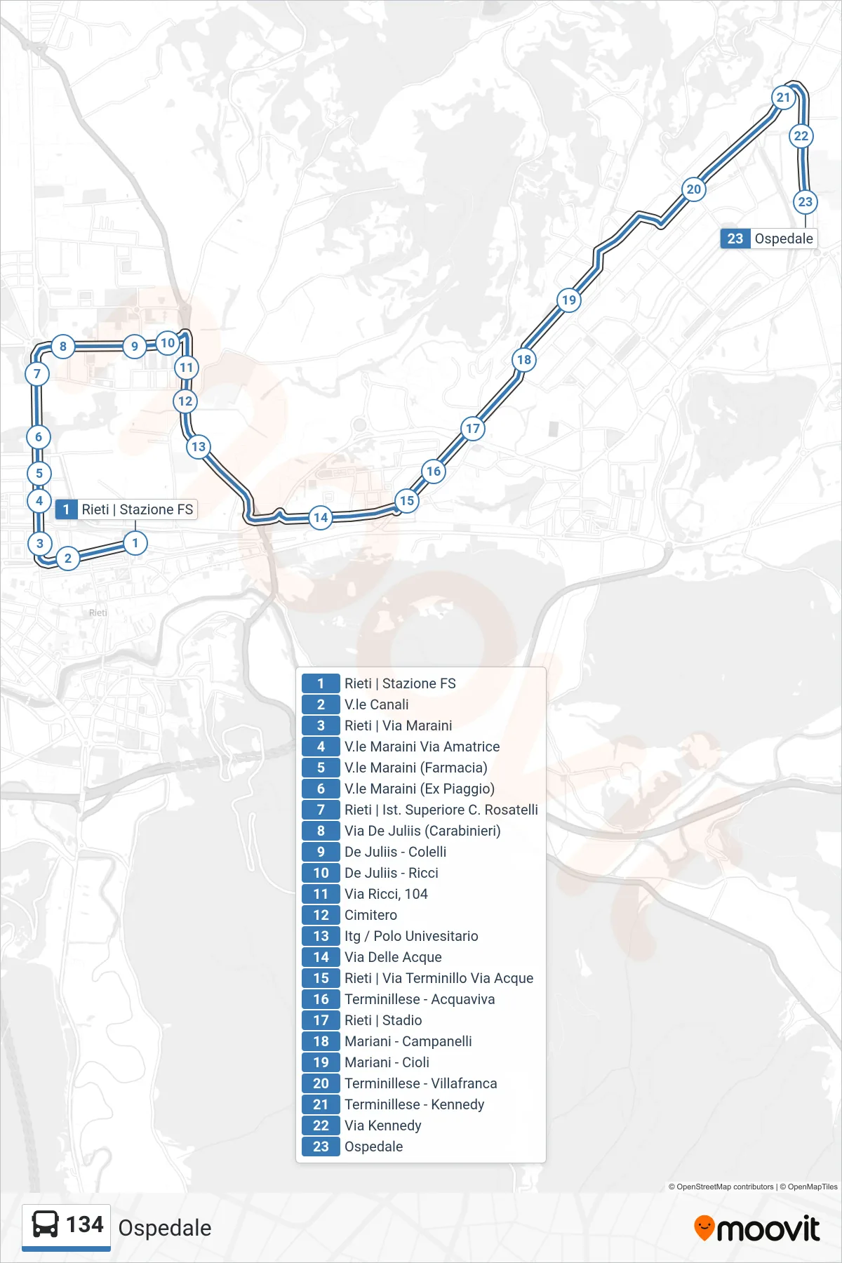 Linea 134 bus (Ospedale) - Percorsi e fermate sulla mappa