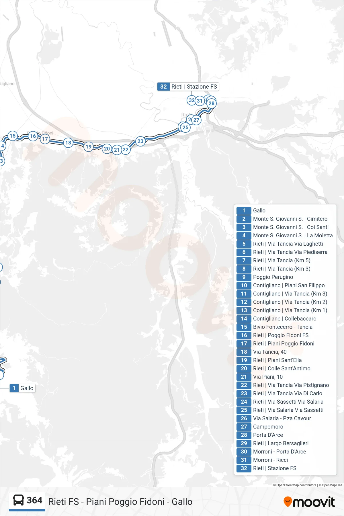 Linea 364 bus (Rieti FS) - Percorsi e fermate sulla mappa