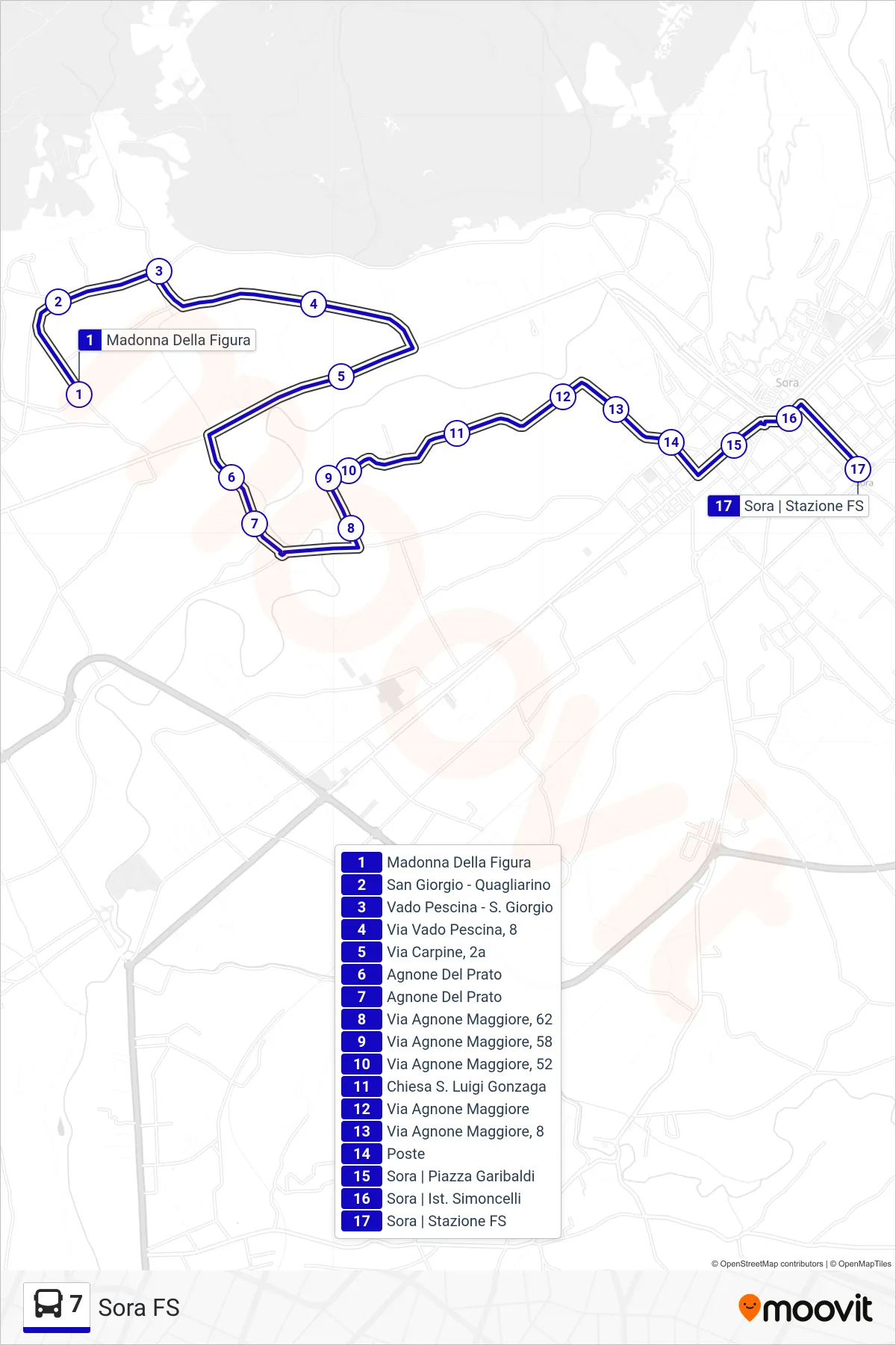 Linea 7 bus (Sora FS) - Percorsi e fermate sulla mappa