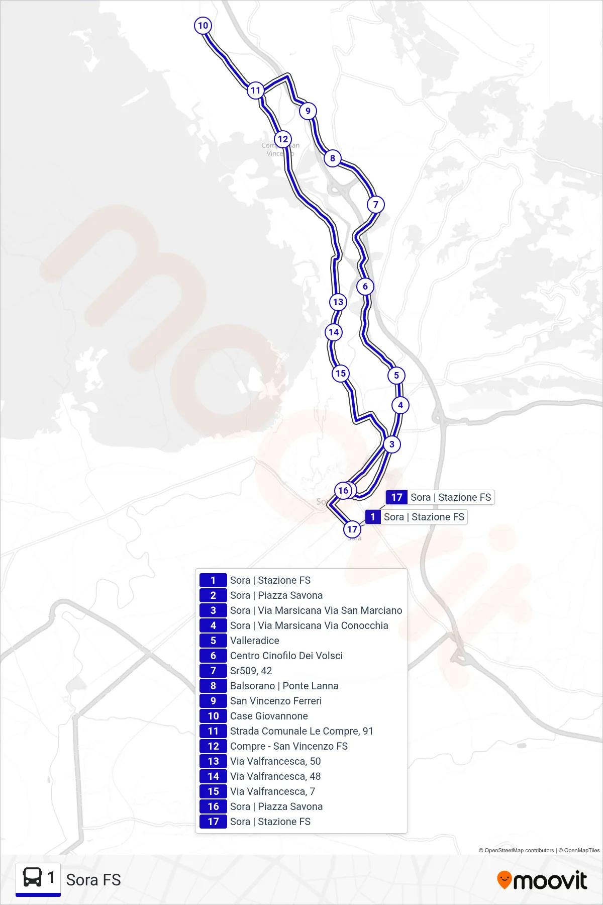 Linea 1 bus (Sora FS) - Percorsi e fermate sulla mappa
