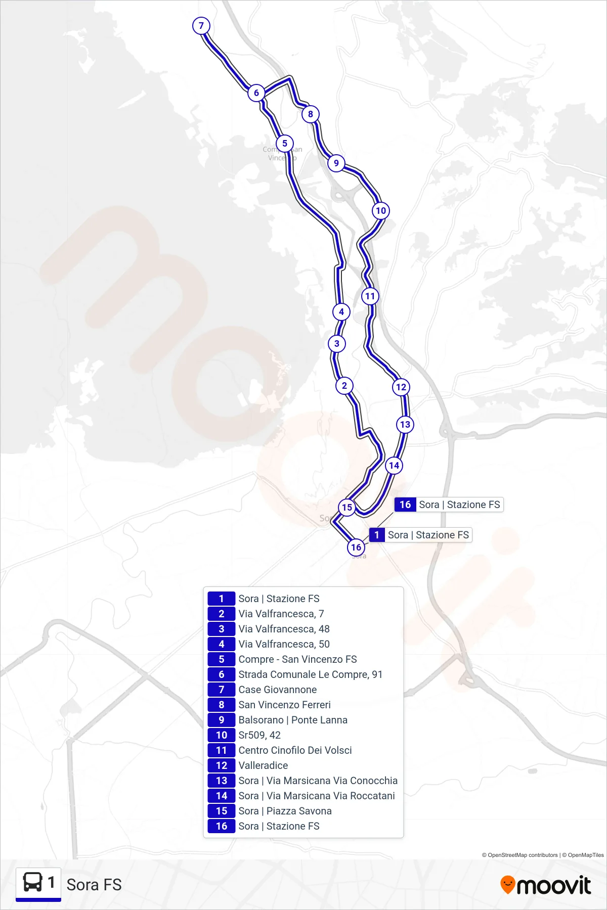 Linea 1 bus (Sora FS) - Percorsi e fermate sulla mappa