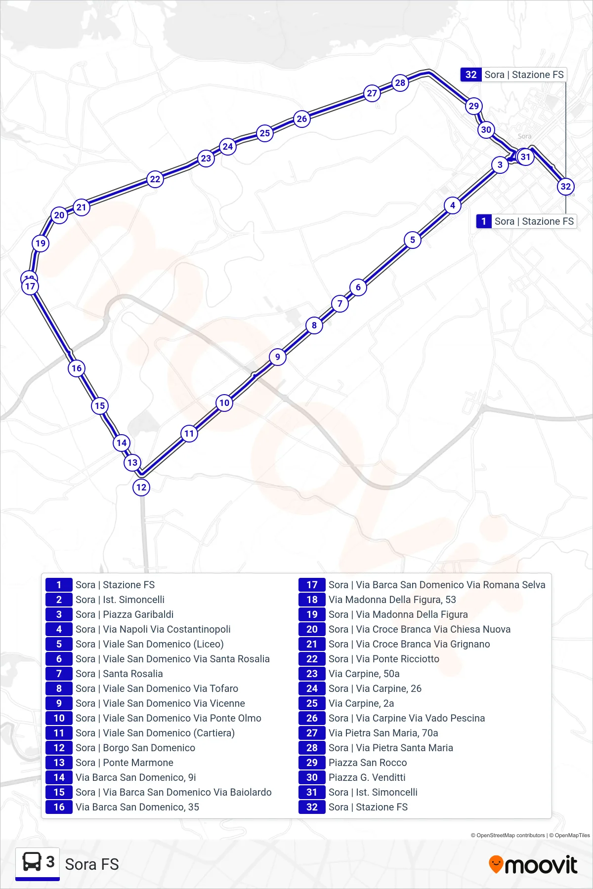Linea 3 bus (Sora FS) - Percorsi e fermate sulla mappa