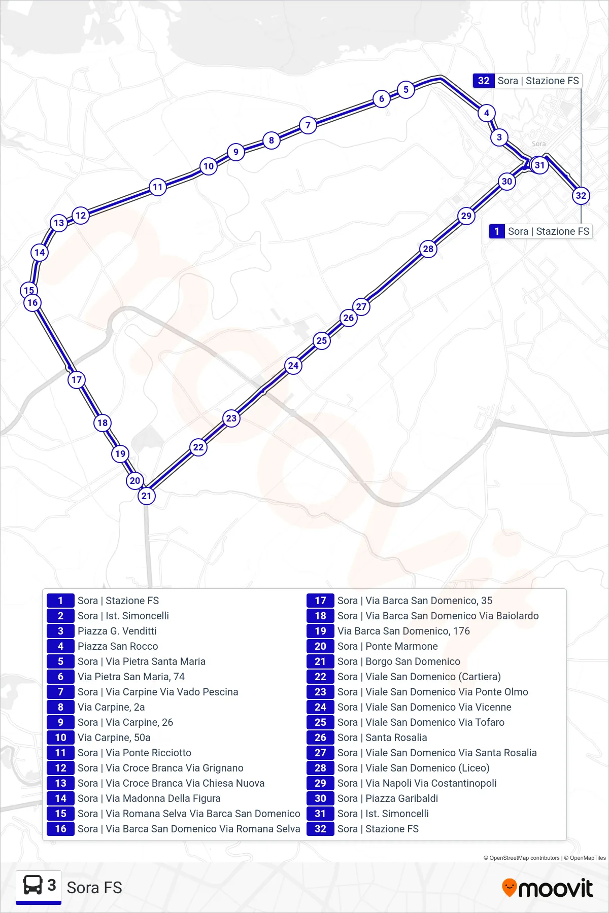 Linea 3 bus (Sora FS) - Percorsi e fermate sulla mappa