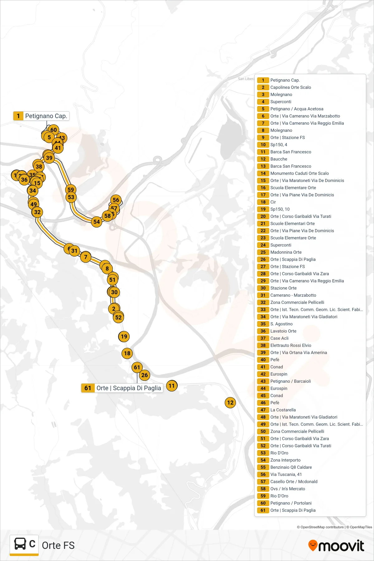 Linea C  bus (Orte FS) - Percorsi e fermate sulla mappa