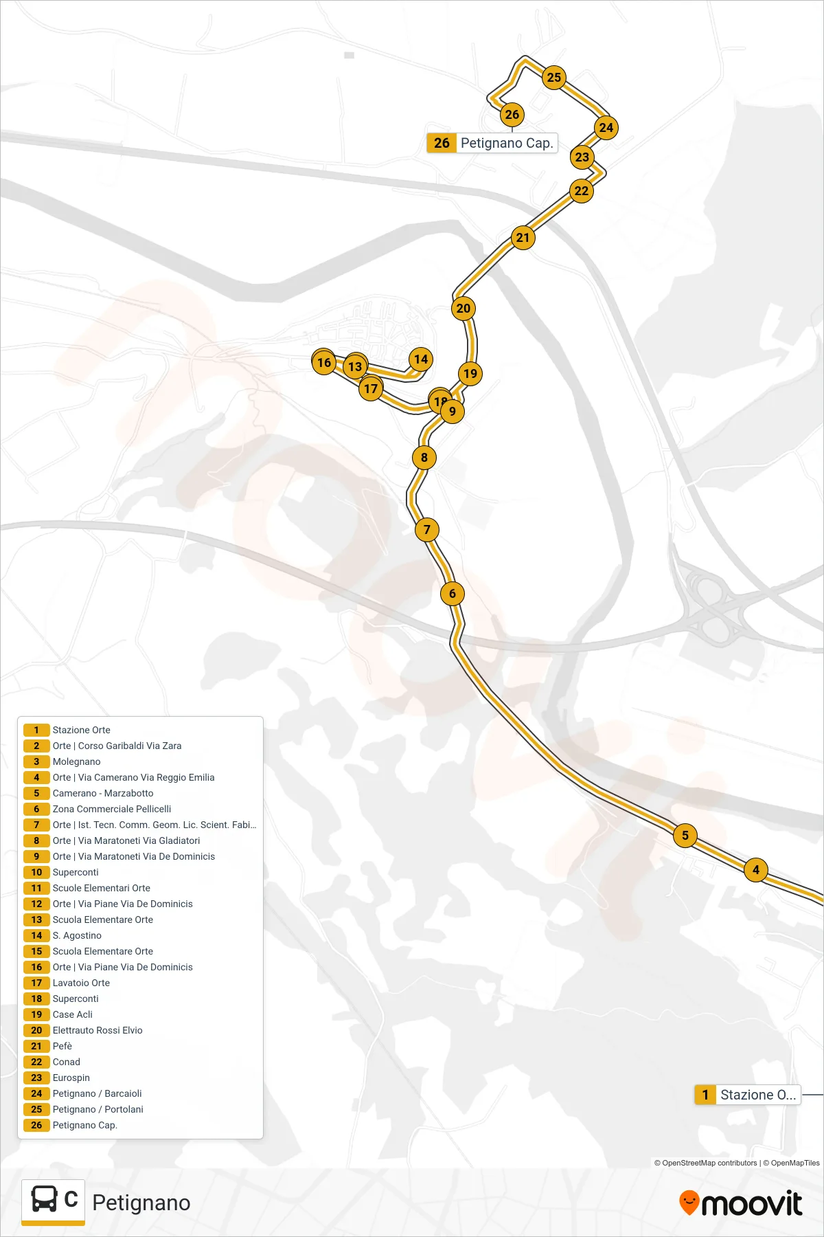 C bus Line (Petignano) route and stops on a map