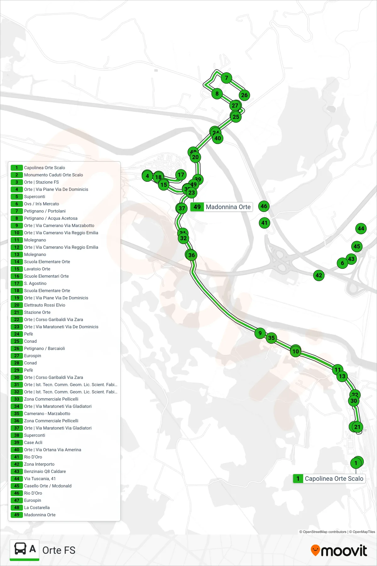 Linea A  bus (Orte FS) - Percorsi e fermate sulla mappa