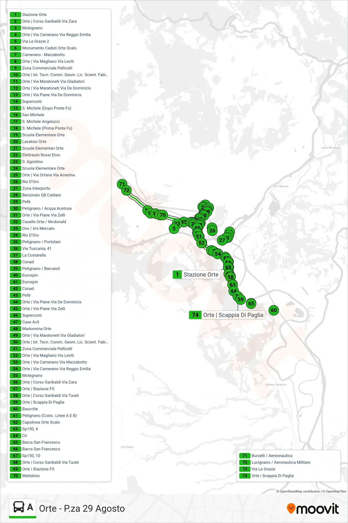 Linea A bus (Orte - P.za 29 Agosto) - Percorsi e fermate sulla mappa