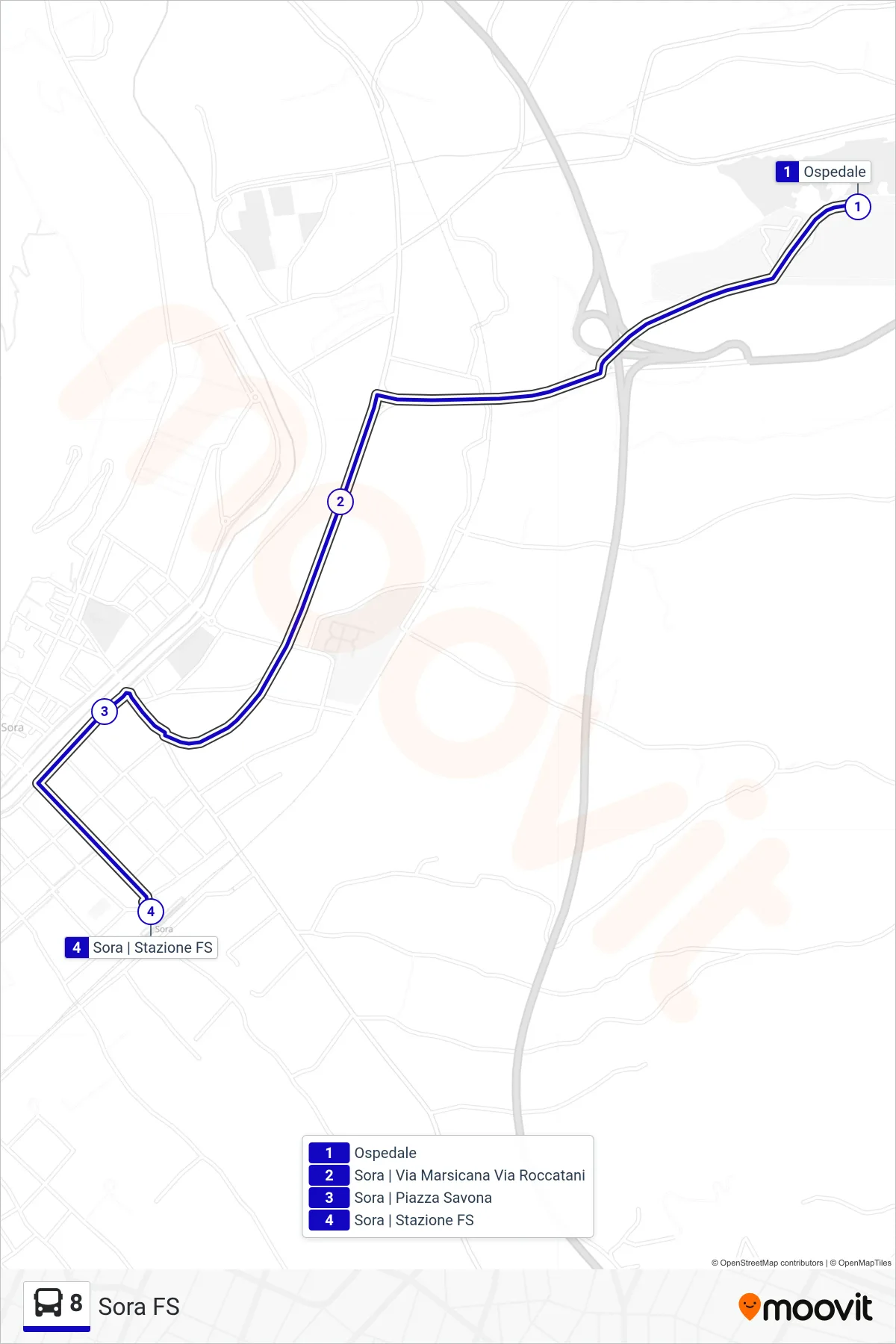 8 bus Line (Sora Station) route and stops on a map