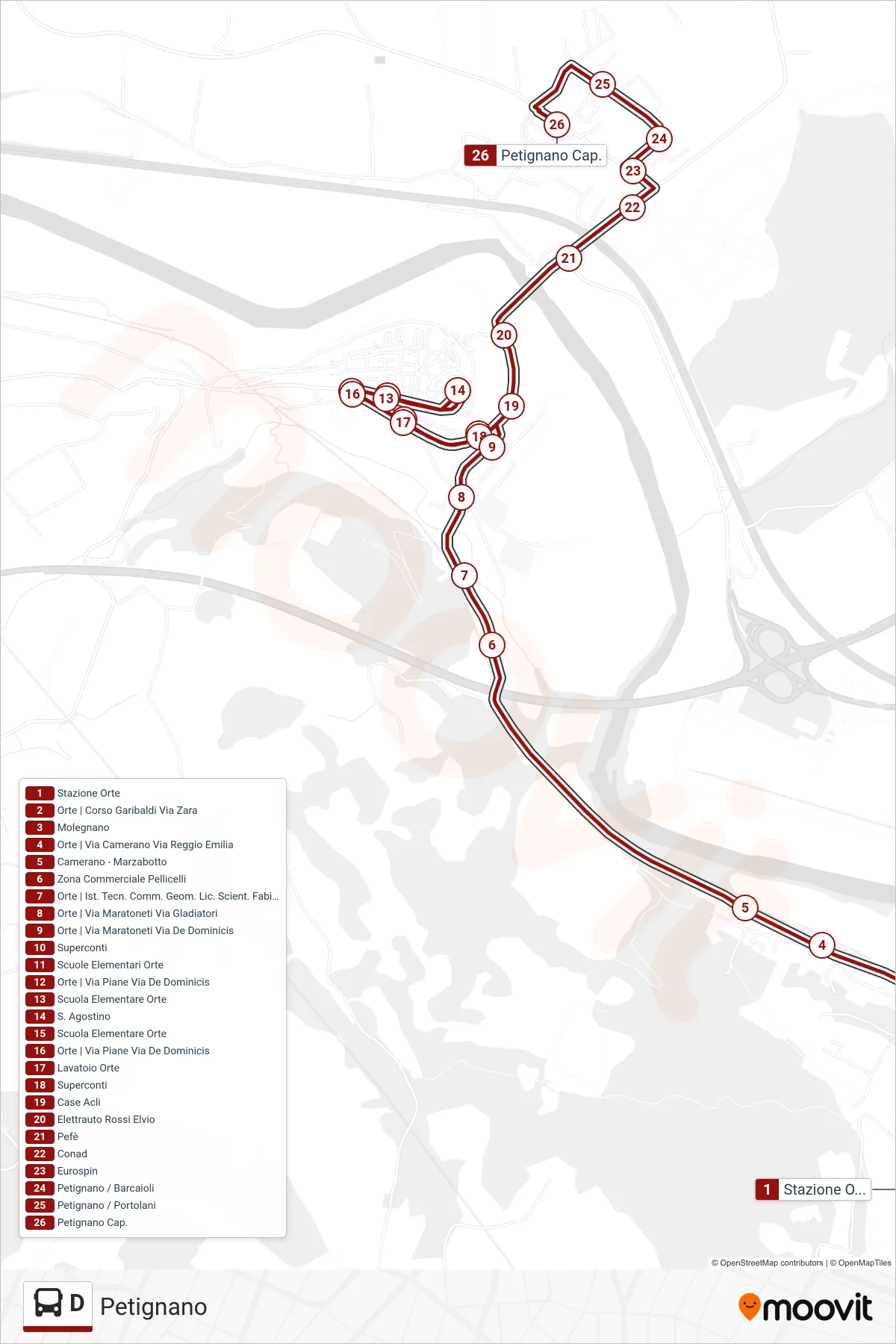 Linea D bus (Petignano) - Percorsi e fermate sulla mappa