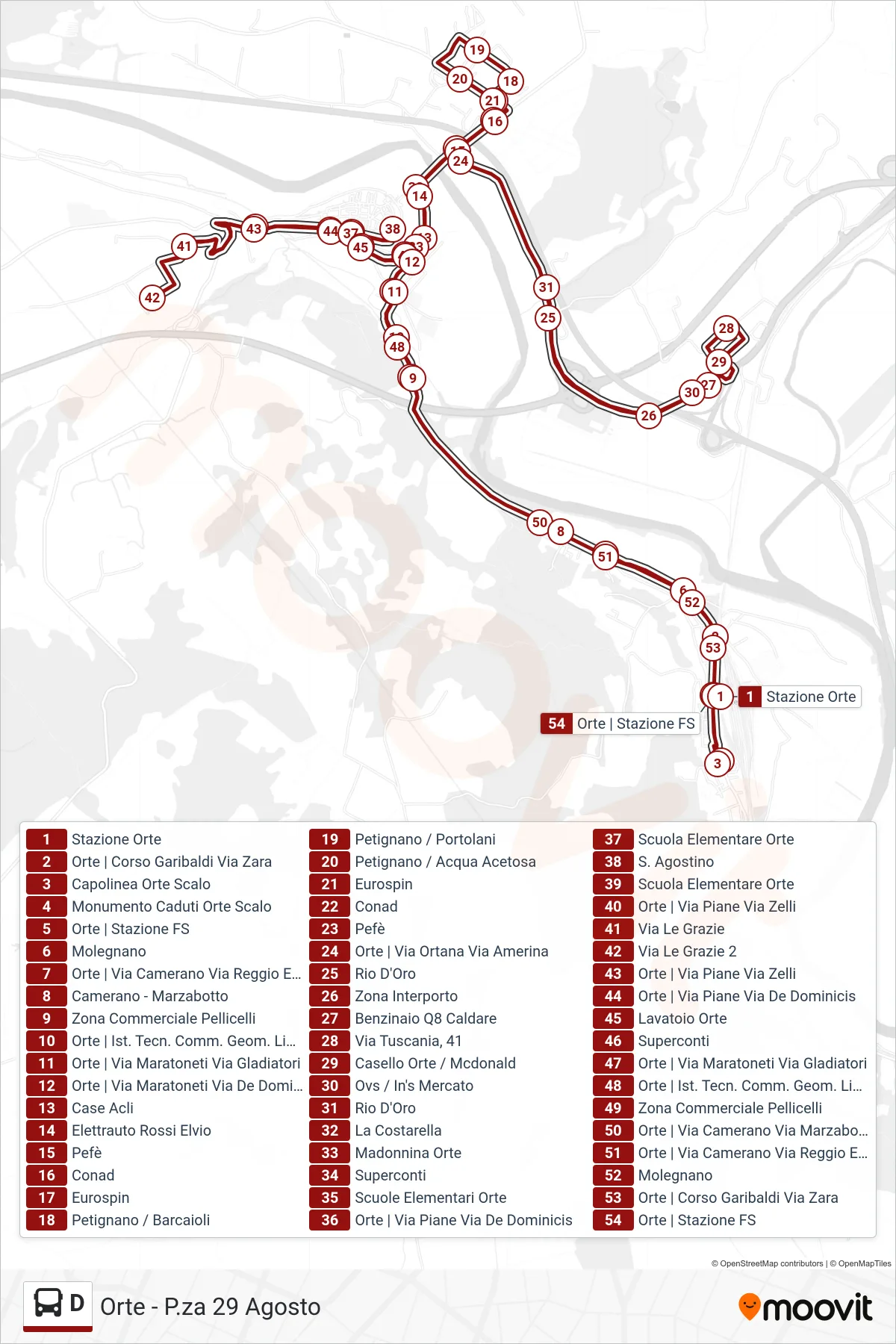 Linea D bus (Orte - P.za 29 Agosto) - Percorsi e fermate sulla mappa