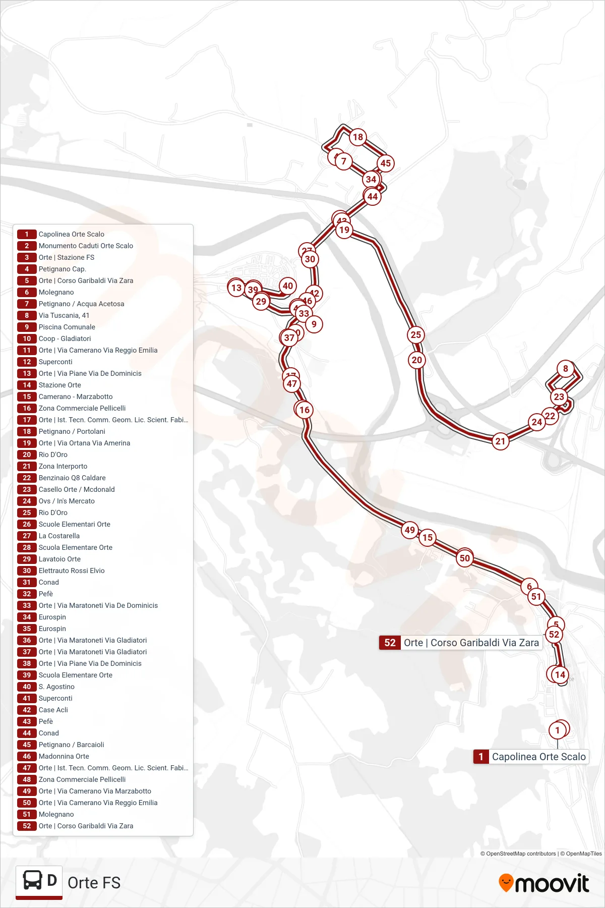 Linea D bus (Orte FS) - Percorsi e fermate sulla mappa