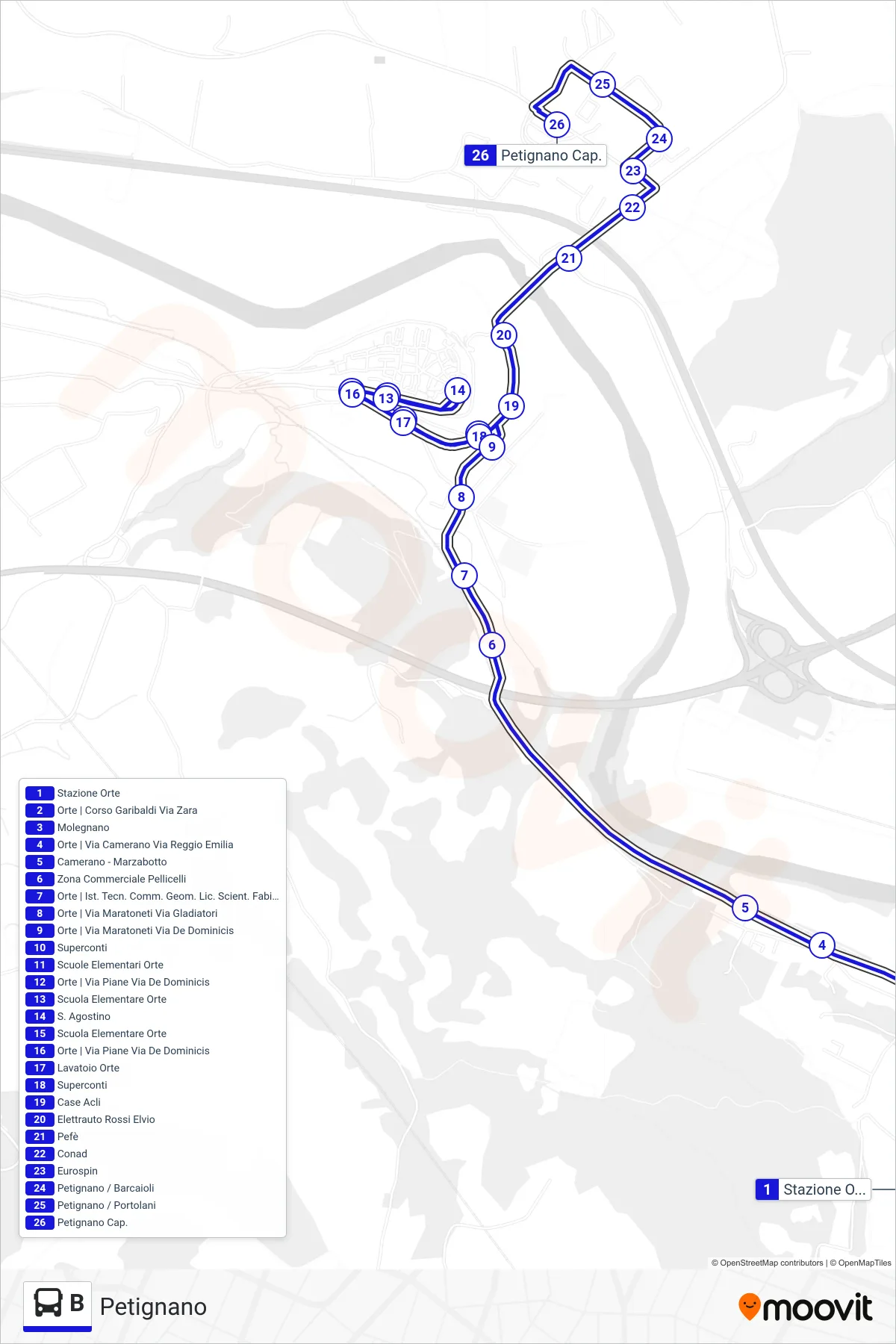 Linea B  bus (Petignano) - Percorsi e fermate sulla mappa